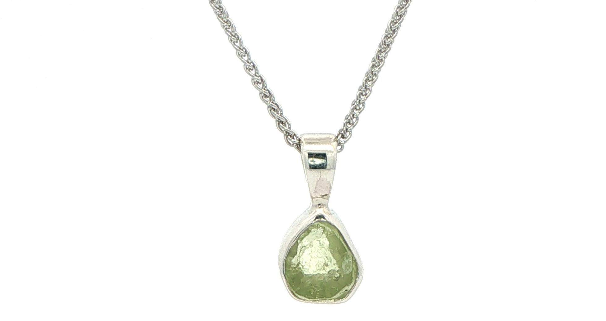 Bezel-set Raw Pale Green Montana Sapphire Solitaire Necklace in Sterling Silver