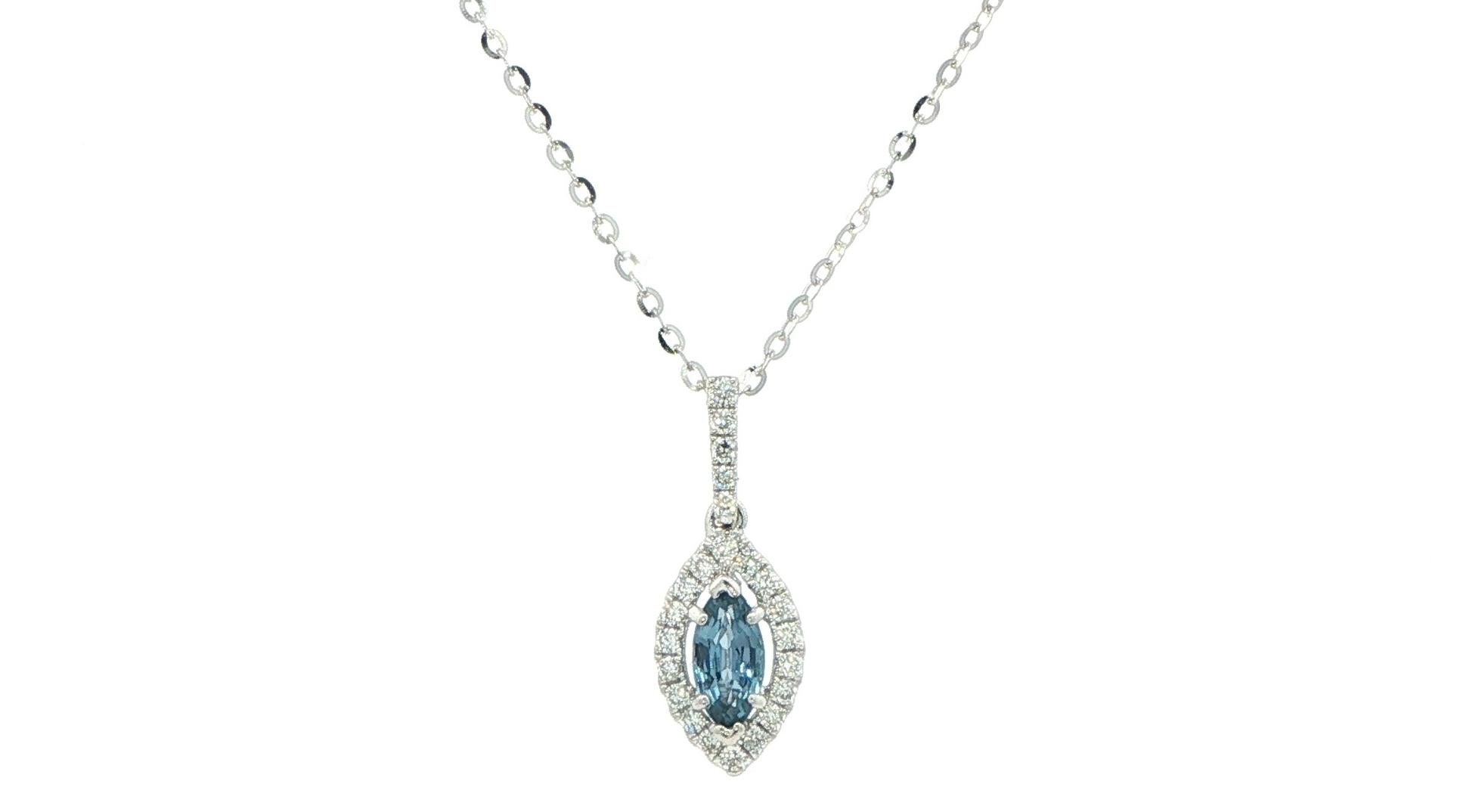 Marquise Montana Yogo Sapphire and Diamond Halo Pendant Necklace in White Gold (0.36cts TWT)