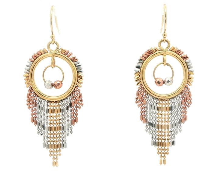 content/products/Beaded Fringe Dangle Earrings in Tri-Color Yellow, Rose, and White Gold