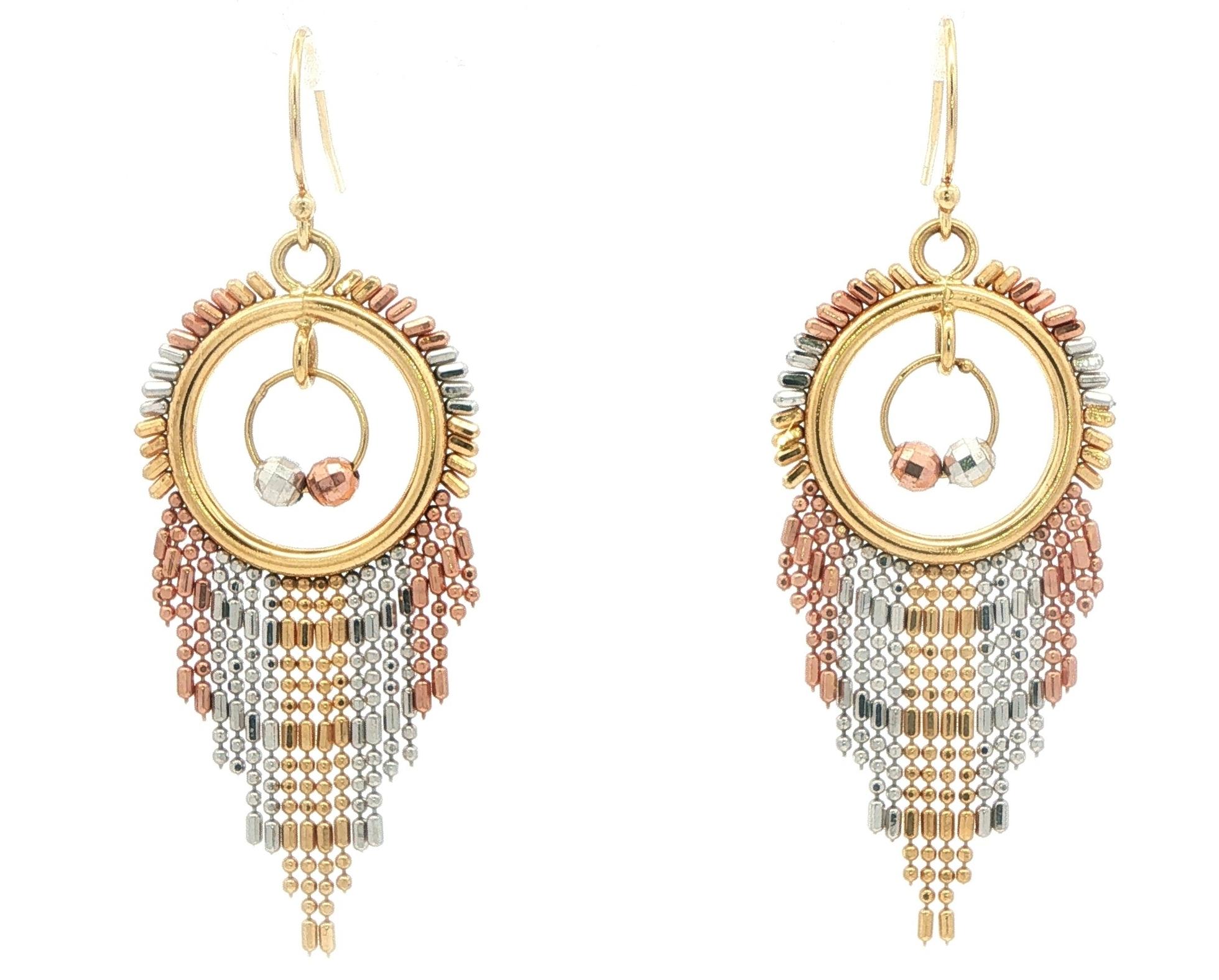 Beaded Fringe Dangle Earrings in Tri-Color Yellow, Rose, and White Gold
