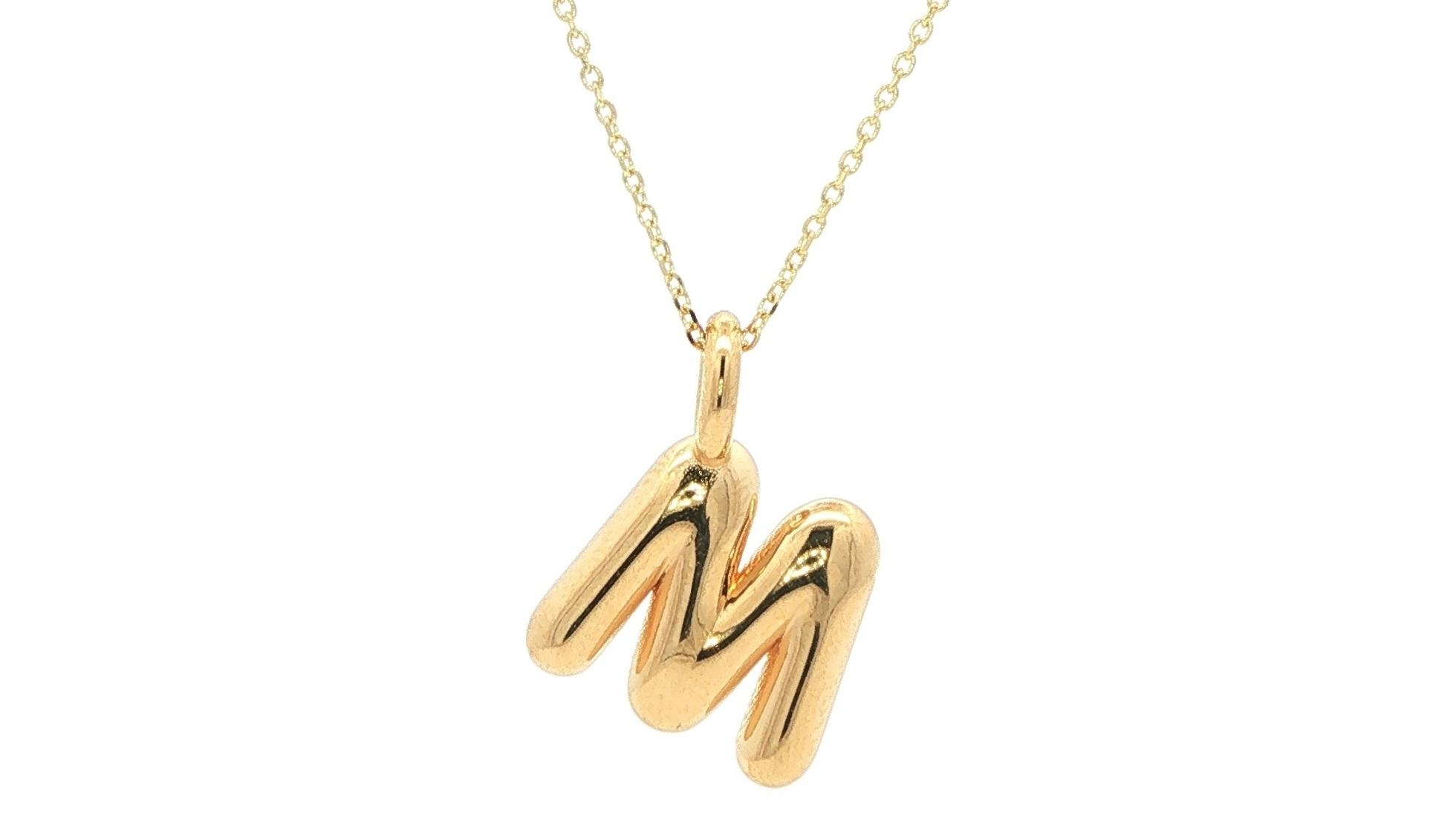 Hollow Balloon Letter 'M' Monogram Pendant Necklace in Yellow Gold
