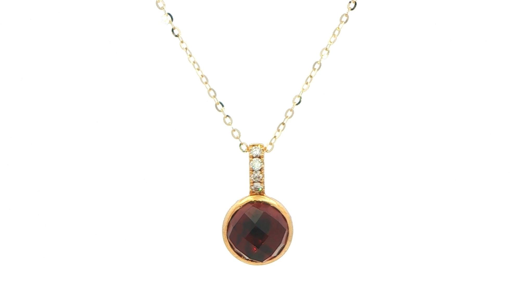 Checkerboard Round Garnet Pendant Necklace with Diamond Bail in Yellow Gold (2.14cts TWT)