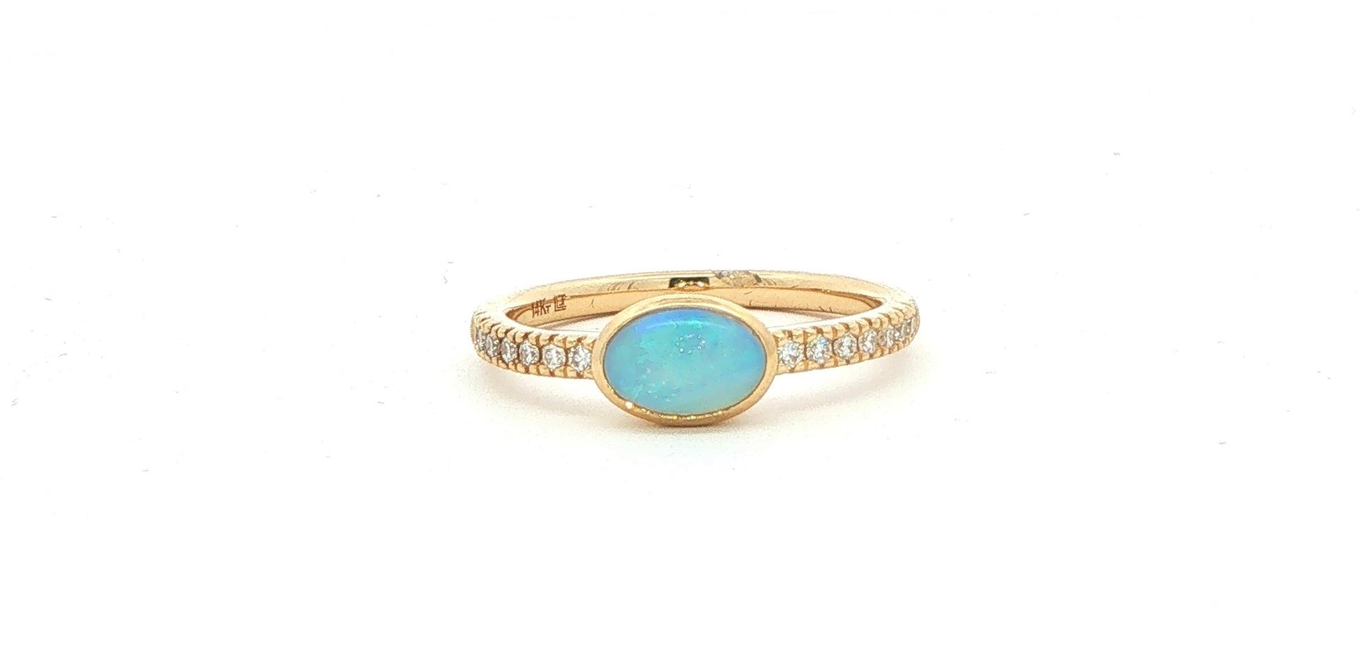 Bezel-set Oval Opal and Diamond East-West Ring in Yellow Gold (0.72cts TWT)