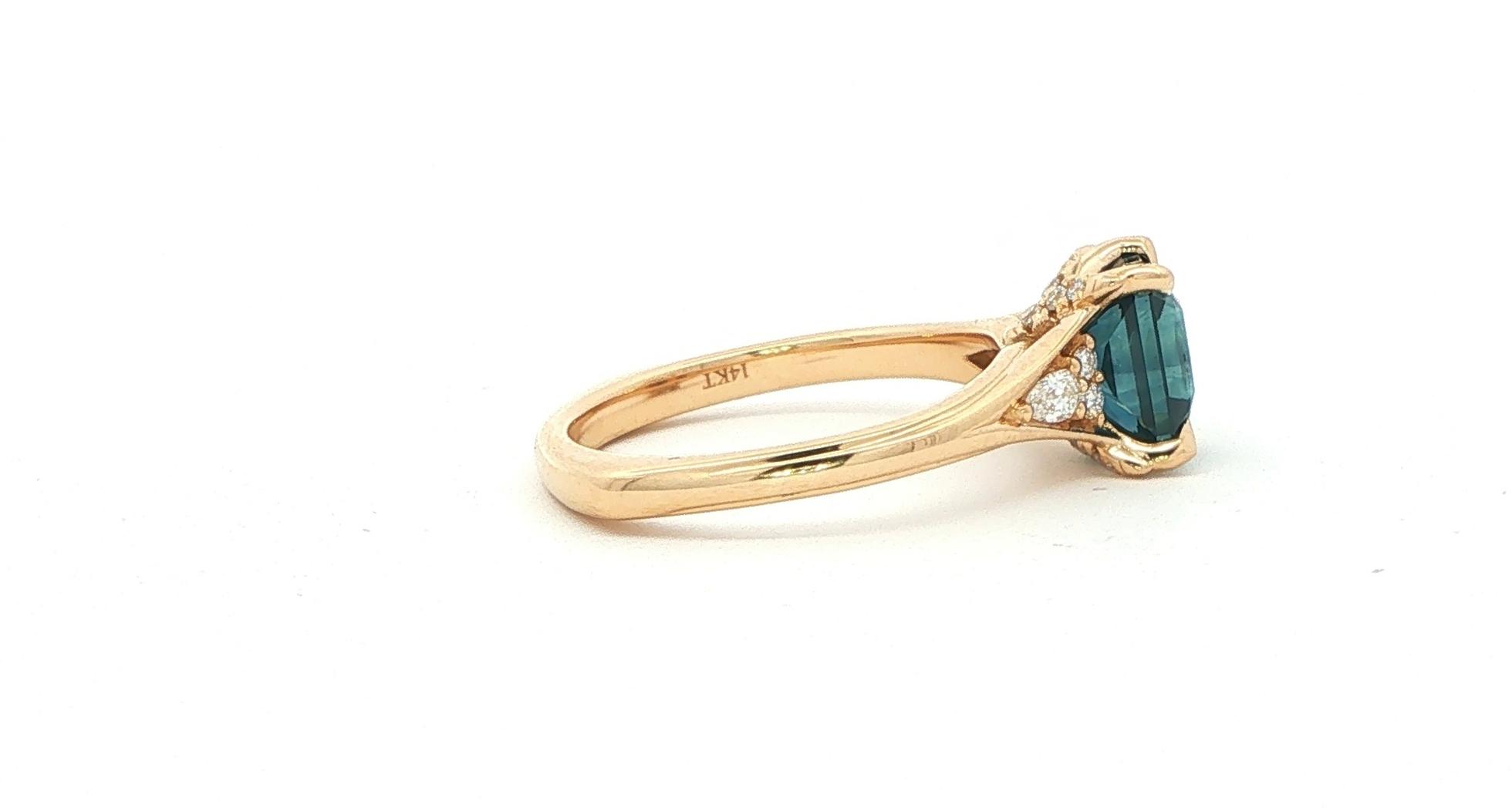 Deep Blue Green Montana Sapphire Ring with Diamond Cluster Accents in Yellow Gold (2.28cts TWT) side