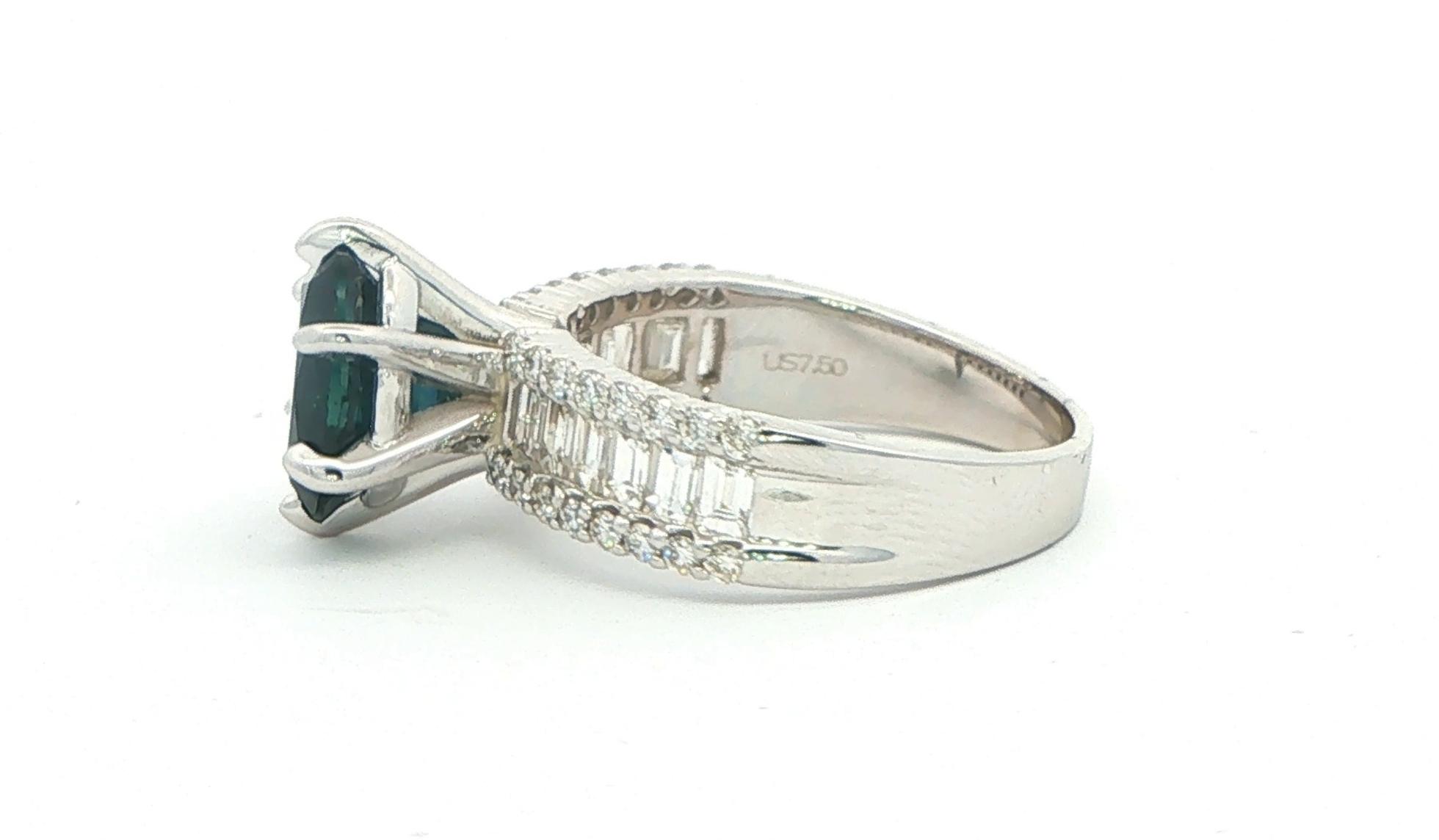 Deep Blue Oval Montana Sapphire Ring with 3 Row Round and Baguette Diamond Shank in White Gold (3.93cts TWT) side