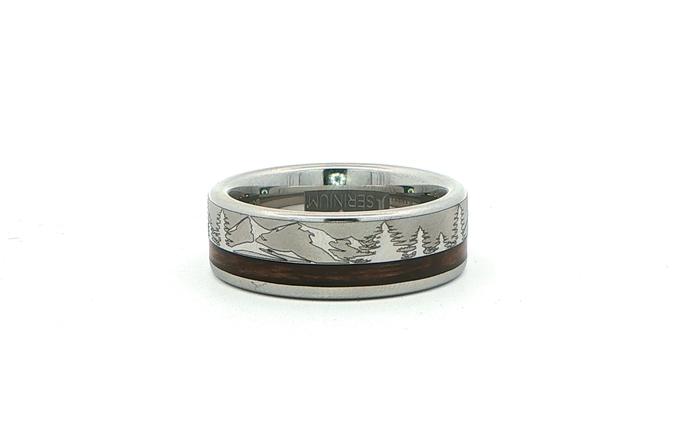 content/products/Flat Comfort Fit Bourbon Barrel Wood Inlay Band Ring with Laser Engraved Mountains and Trees in Serinium