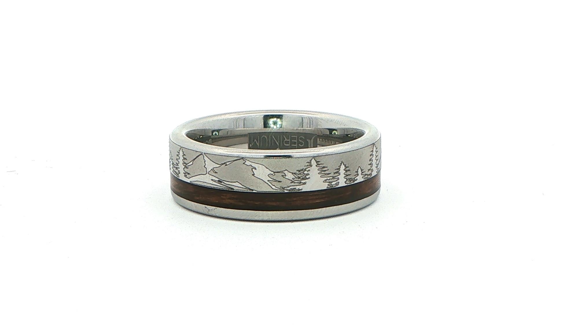 Flat Comfort Fit Bourbon Barrel Wood Inlay Band Ring with Laser Engraved Mountains and Trees in Serinium