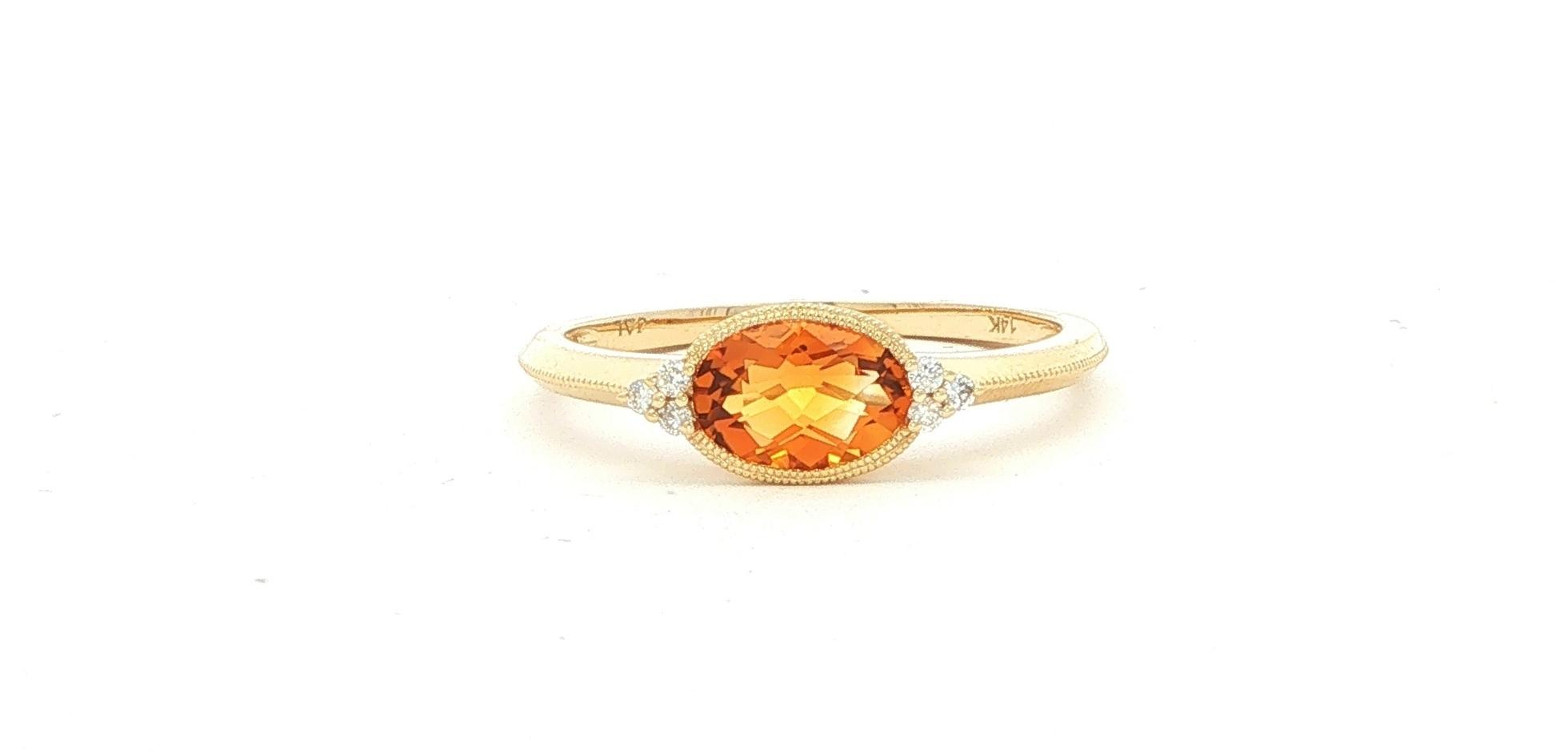 East-West Oval Citrine and Diamond Milgrain Ring in Yellow Gold (0.04cts TWT)