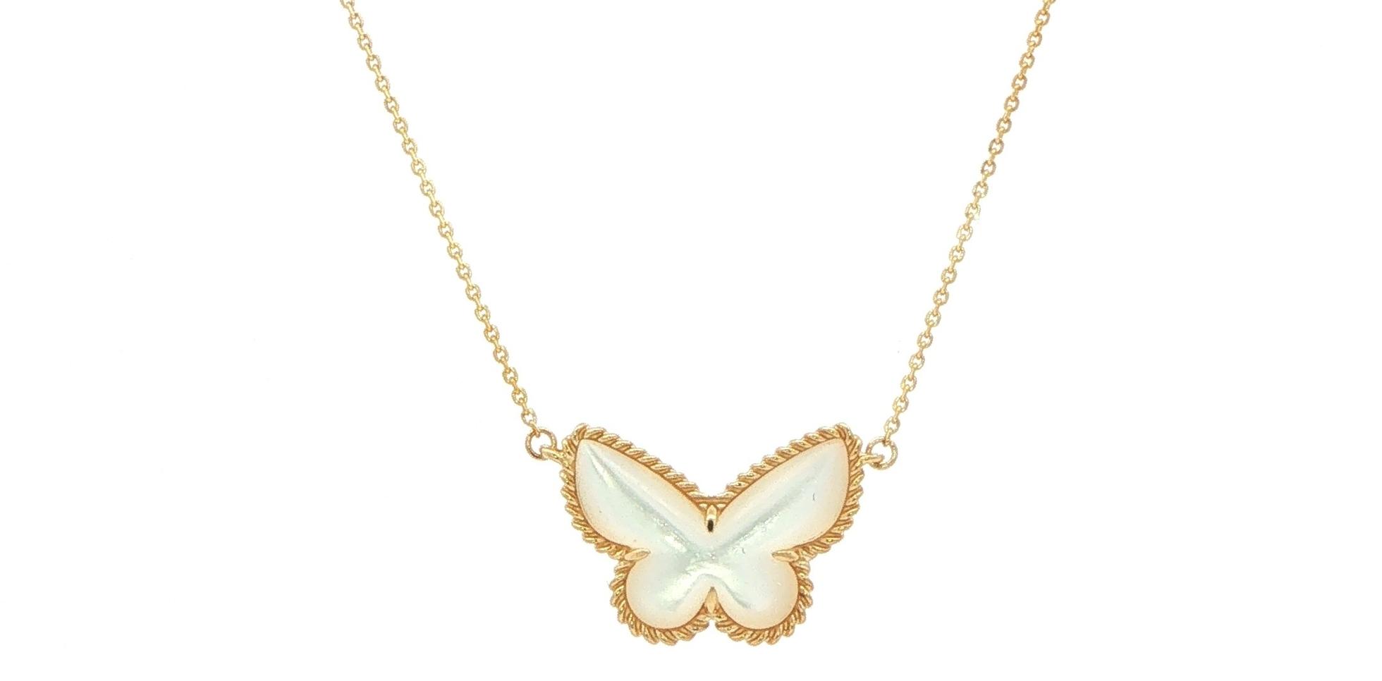 Carved Butterfly Mother of Pearl Necklace in Yellow Gold