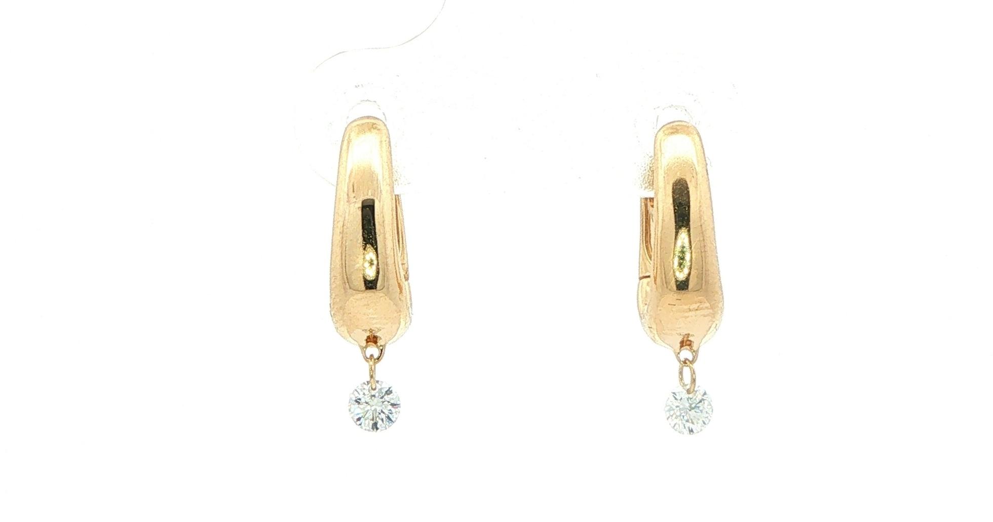 Tapered Huggie Hoop Earrings with Laser Drilled Dangling Diamonds in Yellow Gold (0.16cts TWT)
