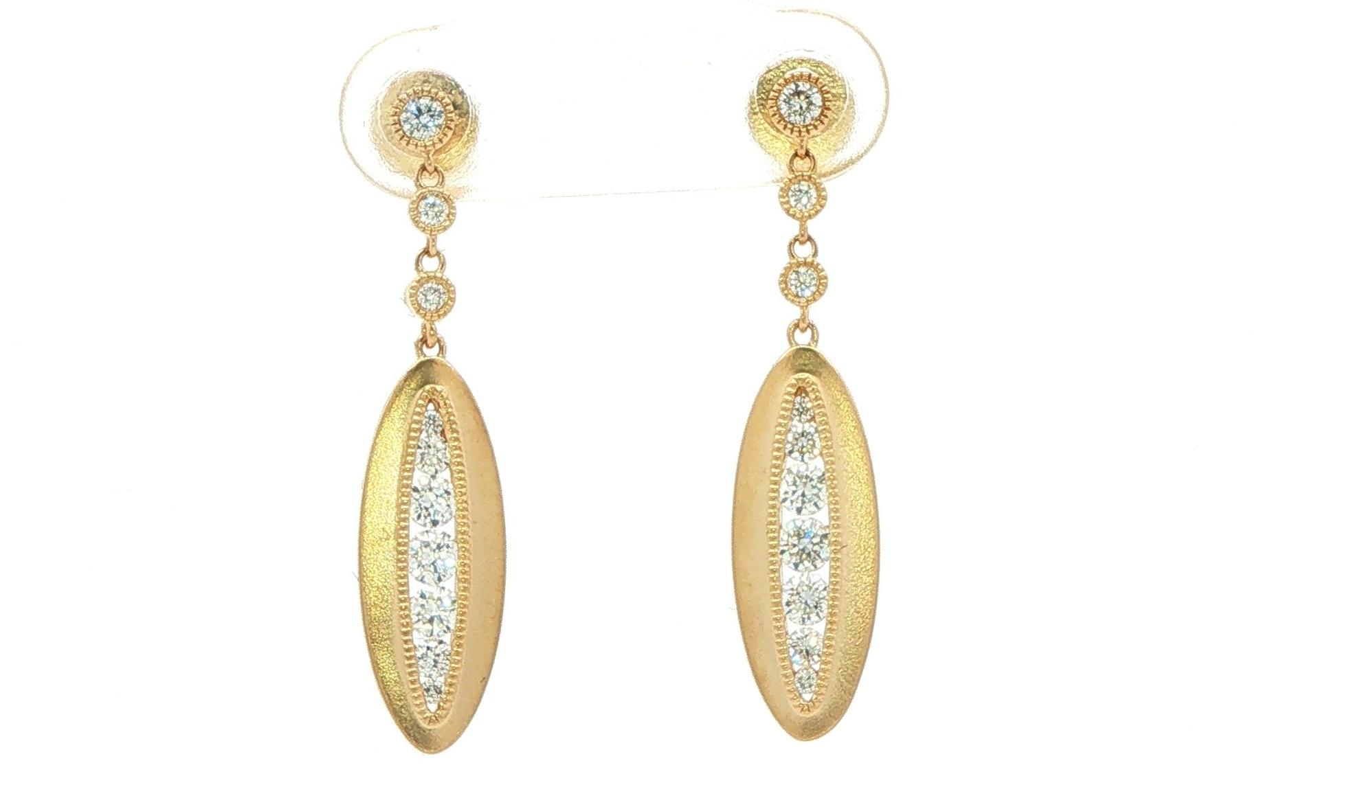 Diamond Oval Drop Earrings with Satin Finish in Yellow Gold 0.54cts TWT)