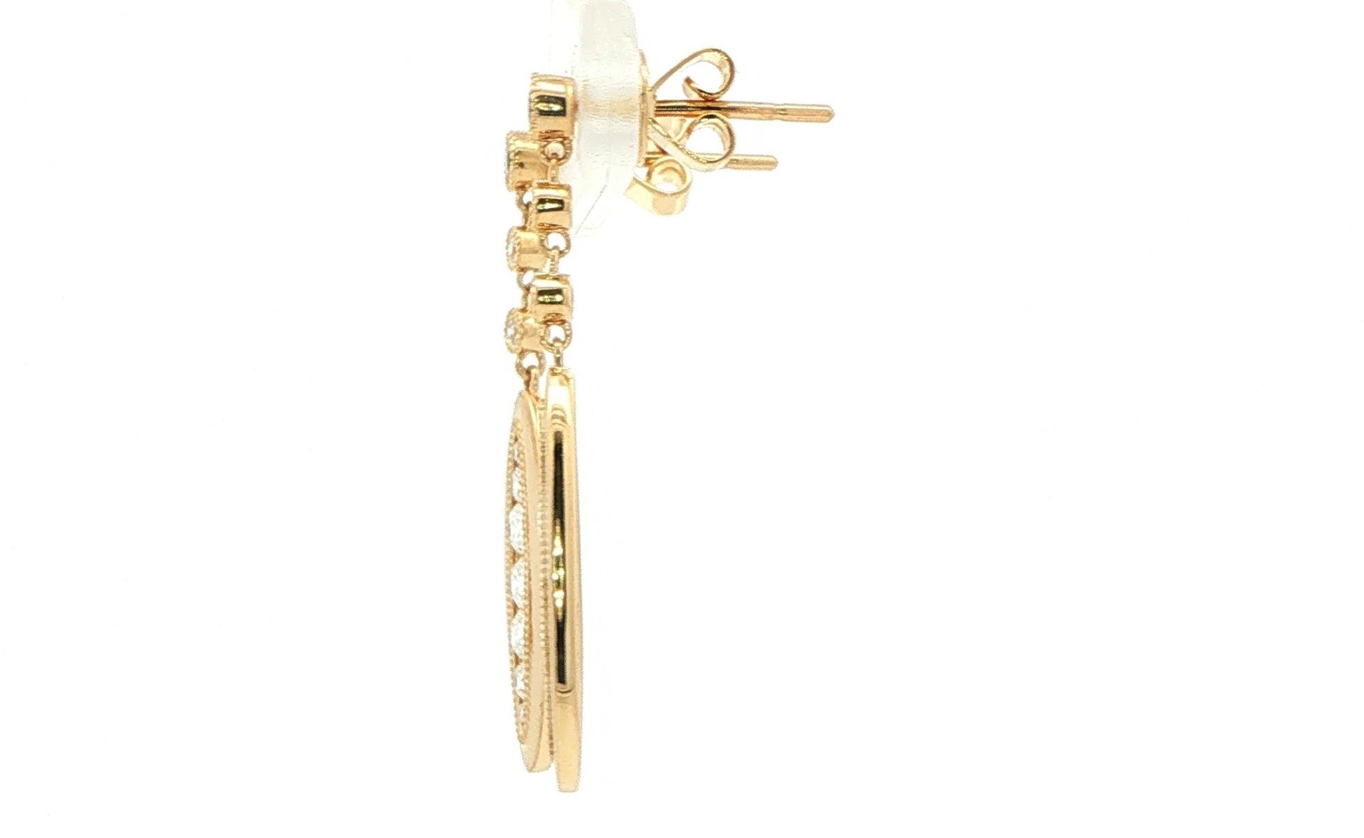 Diamond Oval Drop Earrings with Satin Finish in Yellow Gold 0.54cts TWT) side