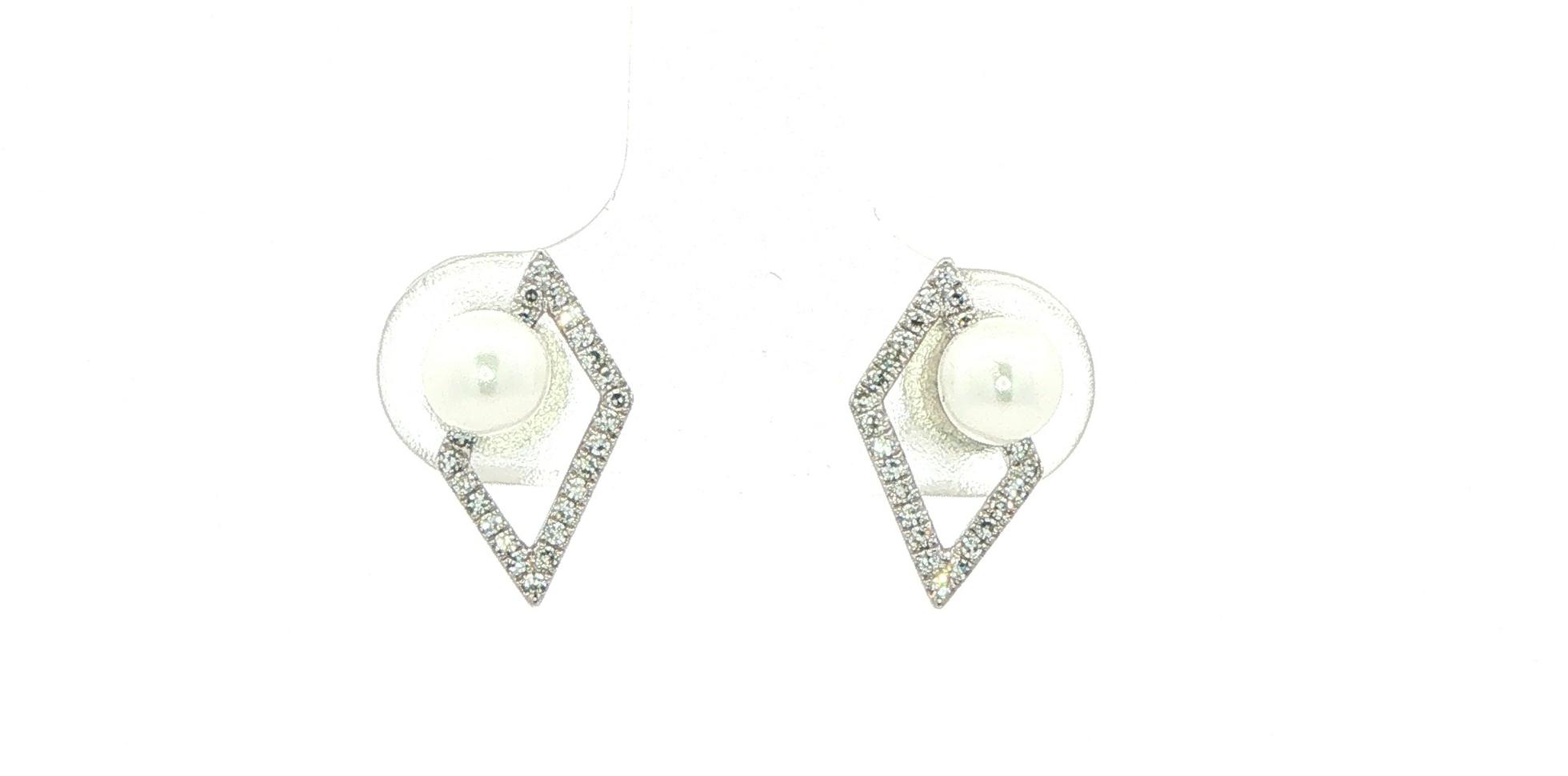 Geometric Pearl and Diamond Rhombus Stud Earrings in White Gold (0.10cts TWT)