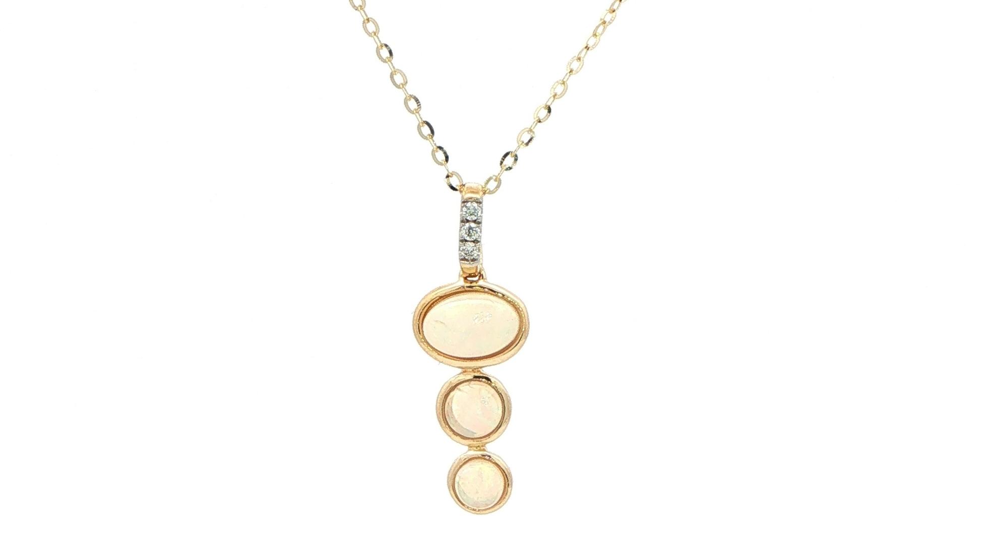 Three-Stone Bezel-set Opal Drop Pendant Necklace with Diamond Bail in Yellow Gold