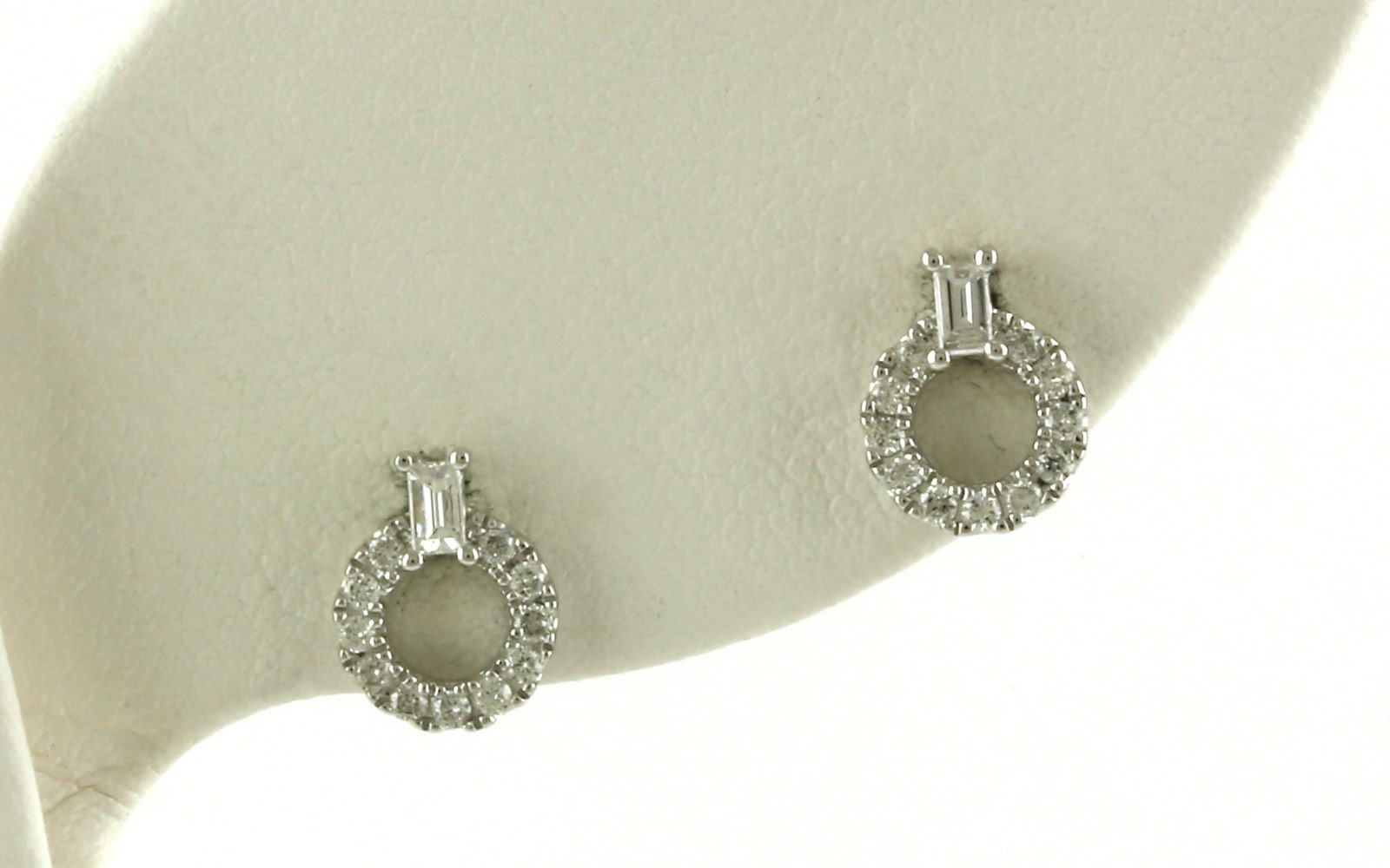 Circle with Baguette Accent Diamond Stud Earrings in White Gold (0.23cts TWT)