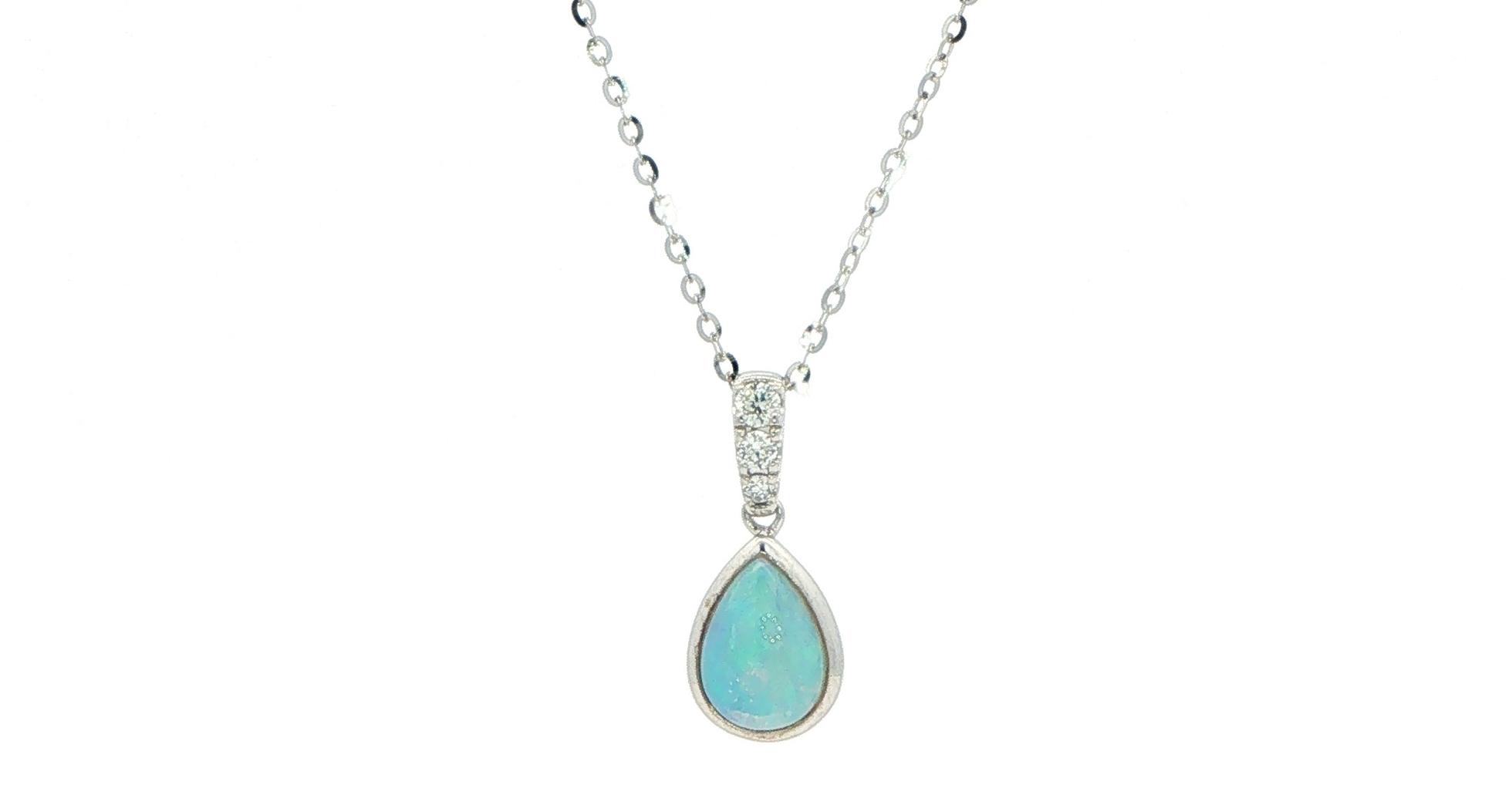 Pear-Cut Opal Bezel Pendant Necklace with Diamond Bail in White Gold (0.55cts TWT)