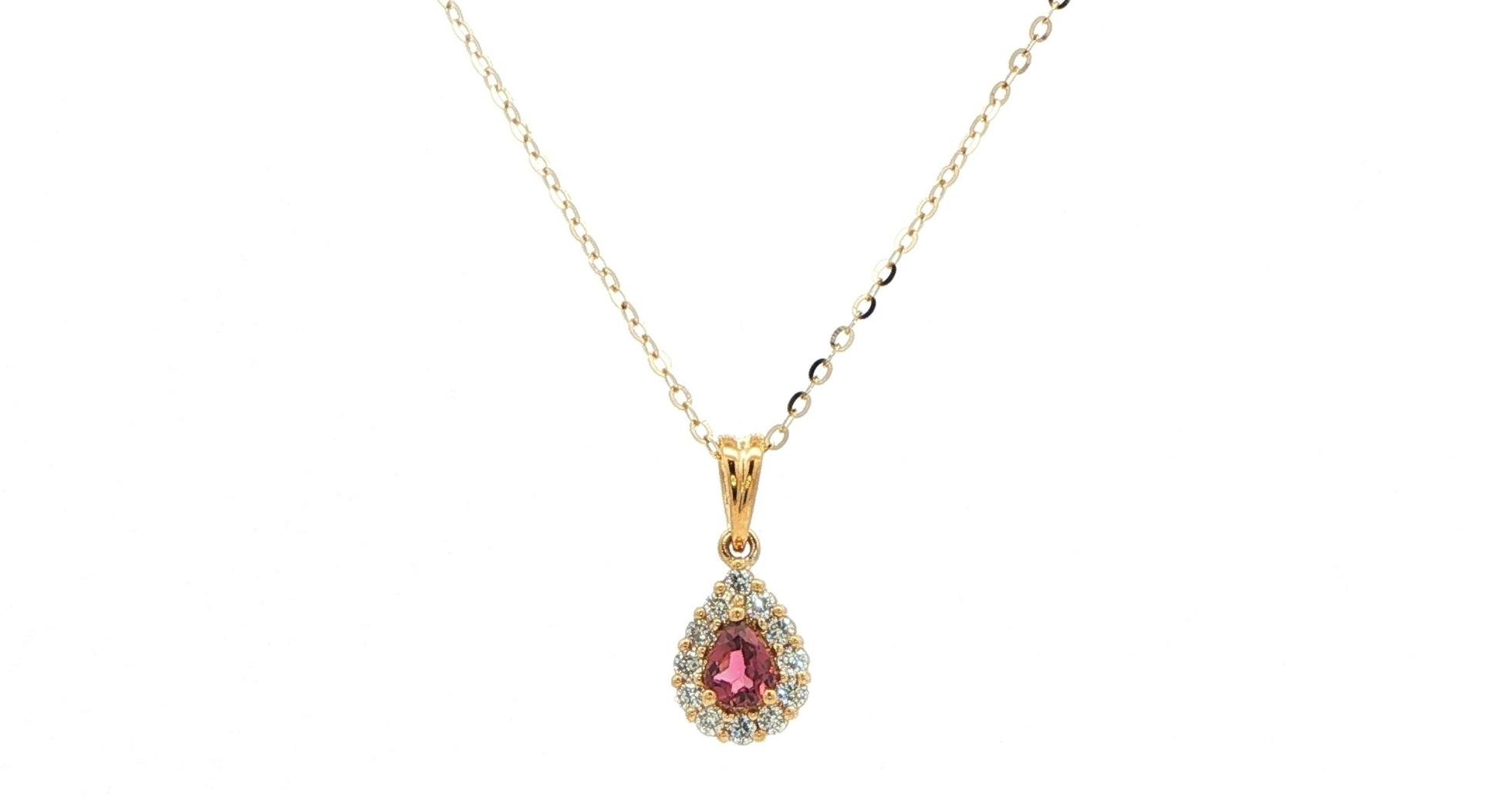 Pear-Cut Tourmaline and Diamond Halo Charm Necklace in Yellow Gold (0.27cts TWT)