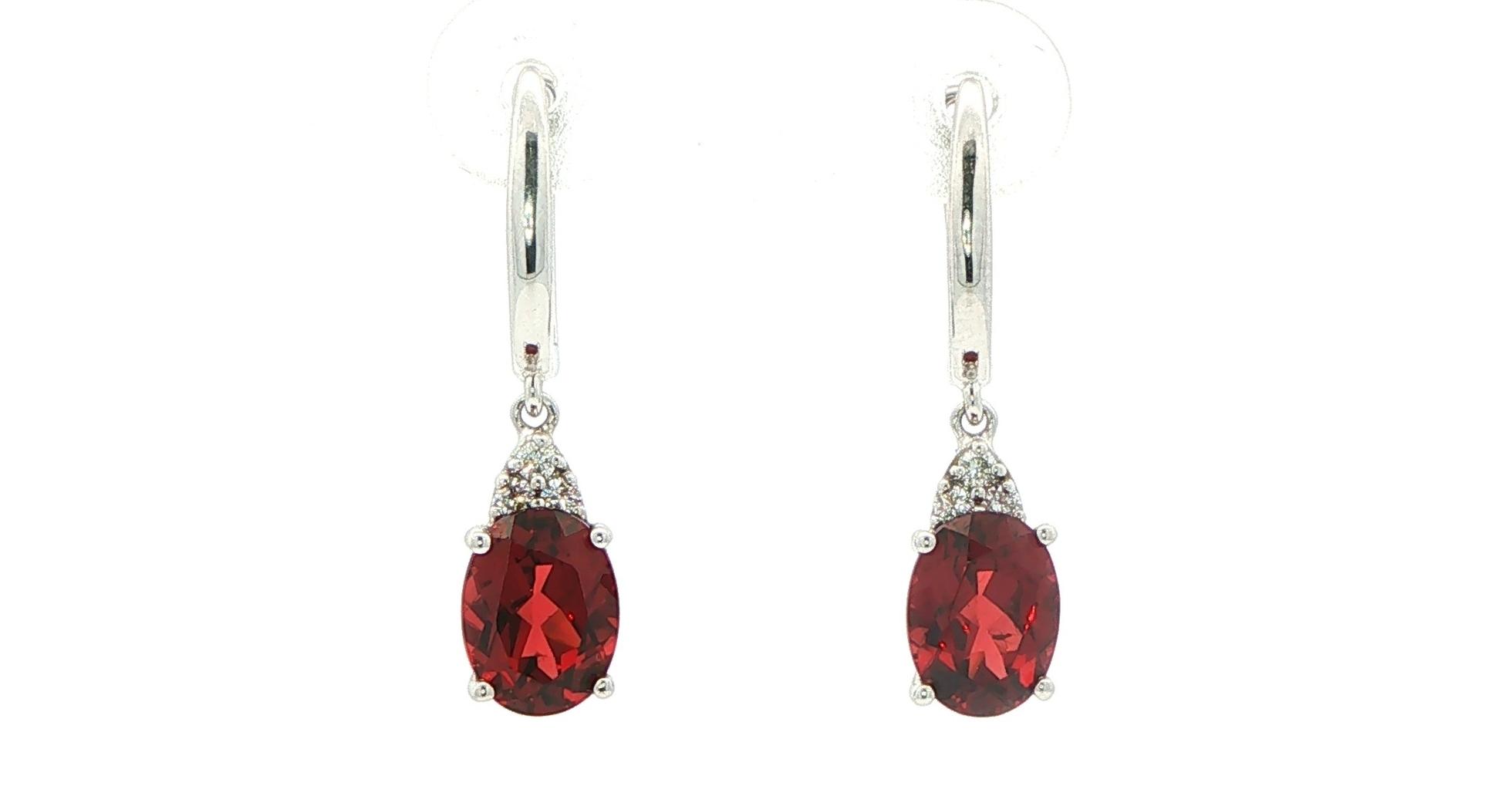 Oval Garnet and Diamond Drop Earrings in White Gold (3.38cts TWT)