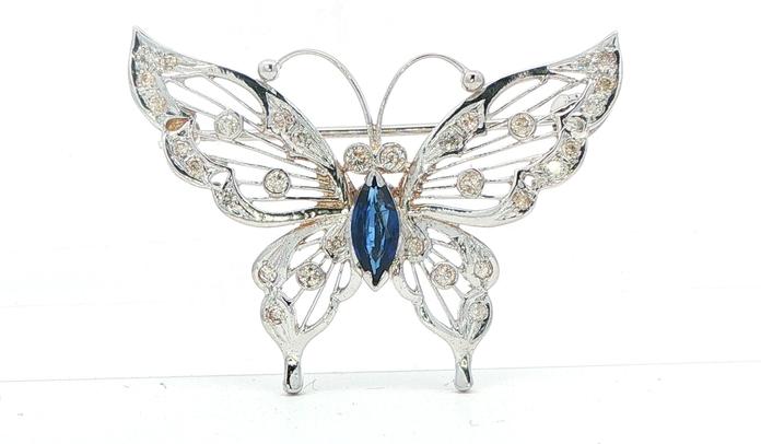 content/products/Estate Piece: Marquise-cut Sapphire Butterfly Brooch with Diamond Accents in White Gold (0.50cts TWT)
