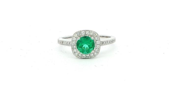 content/products/Estate Piece: Round Emerald and Diamond Cushion Halo Cocktail Ring in White Gold (1.30cts TWT)