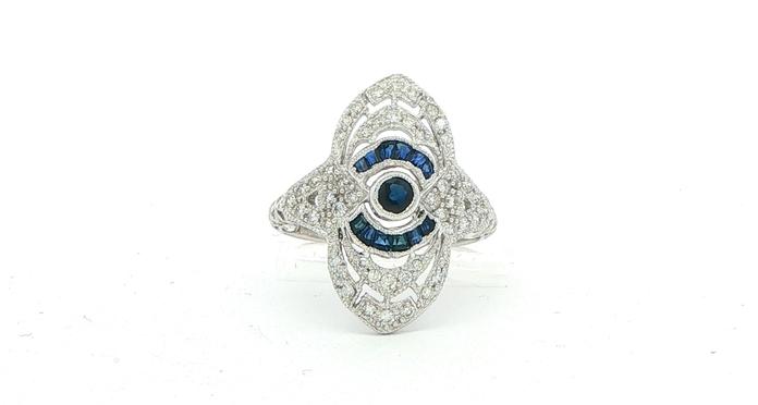 content/products/Estate Piece: Royal Blue Sapphire and Diamond Filigree Cocktail Ring in White Gold (0.50cts TWT)