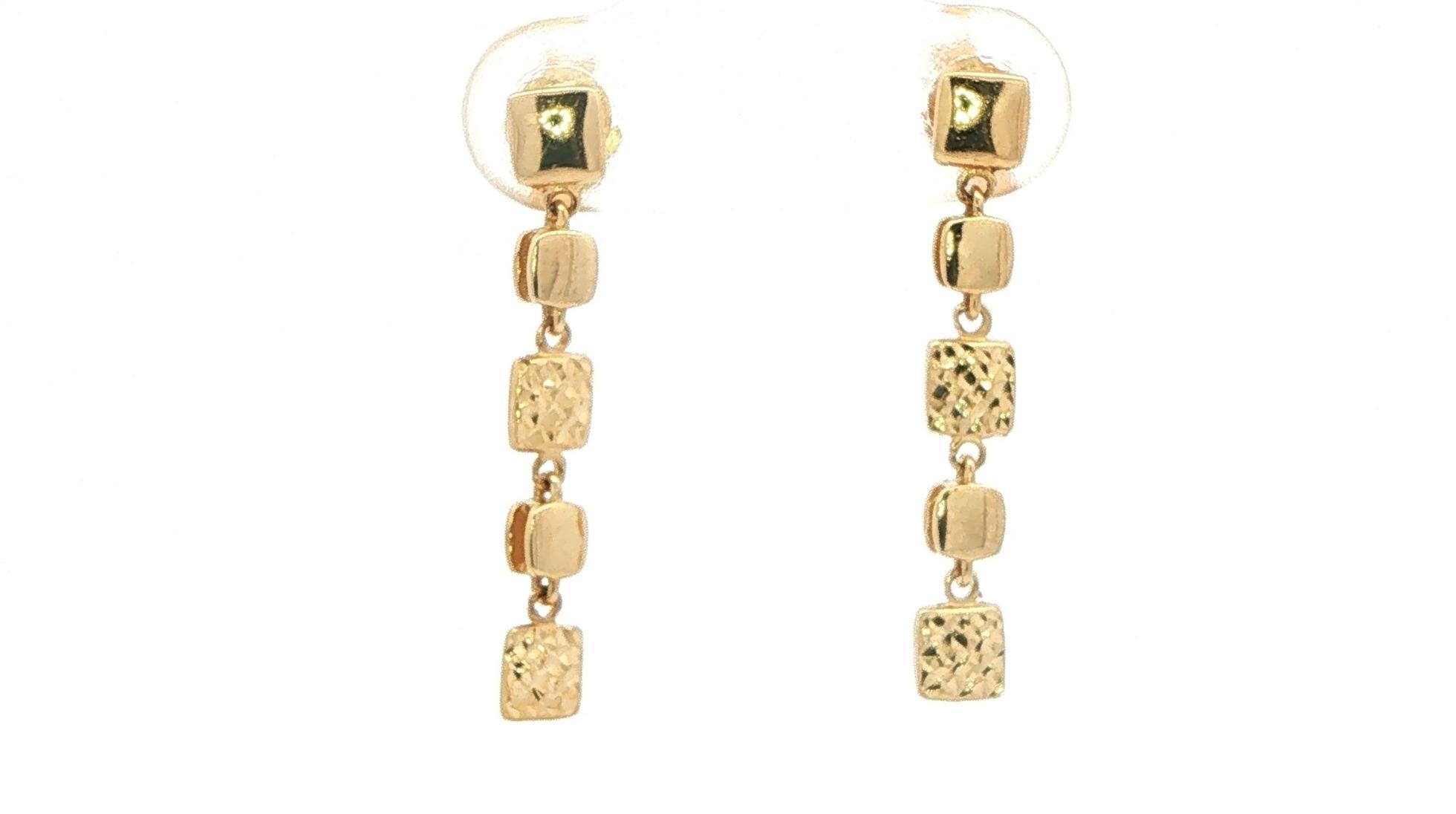 Square Link Drop Earrings with Polished and Hammered Texture in Yellow Gold 