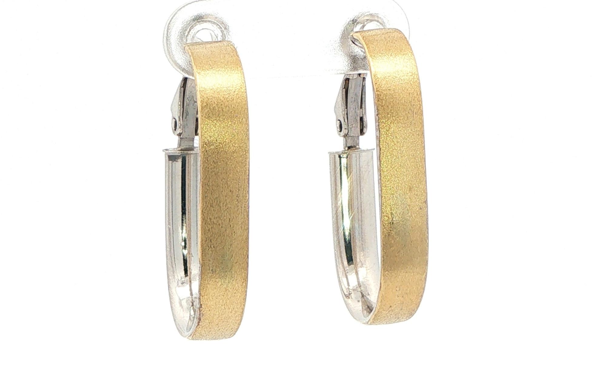 Hollow Flat Oval Hoop Earrings with Matte Finish in Two-tone Yellow and White Gold angled