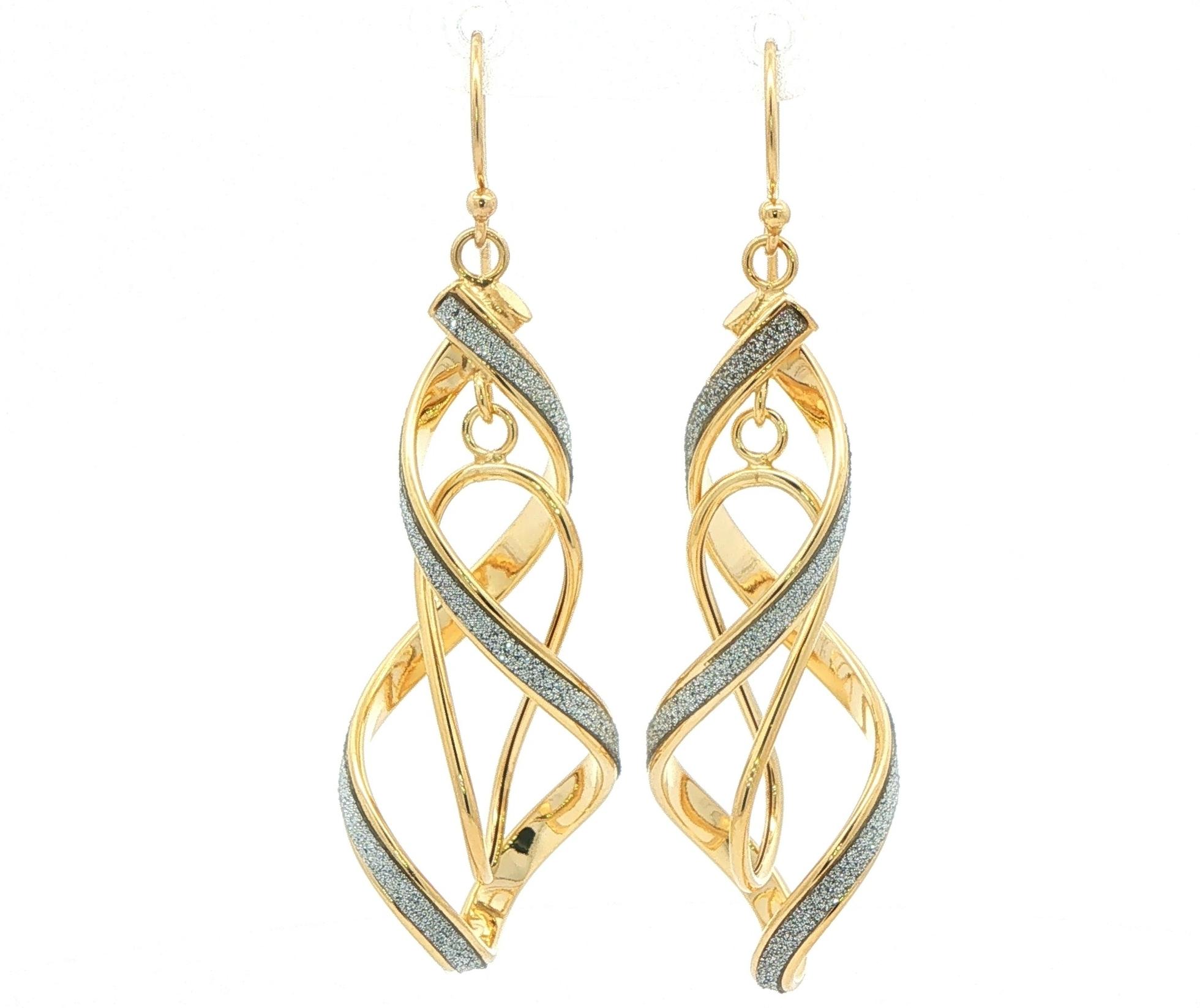 Twisted Ribbon Dangle Earrings with Sparkle Finish in Yellow Gold with Rhodium Plating 
