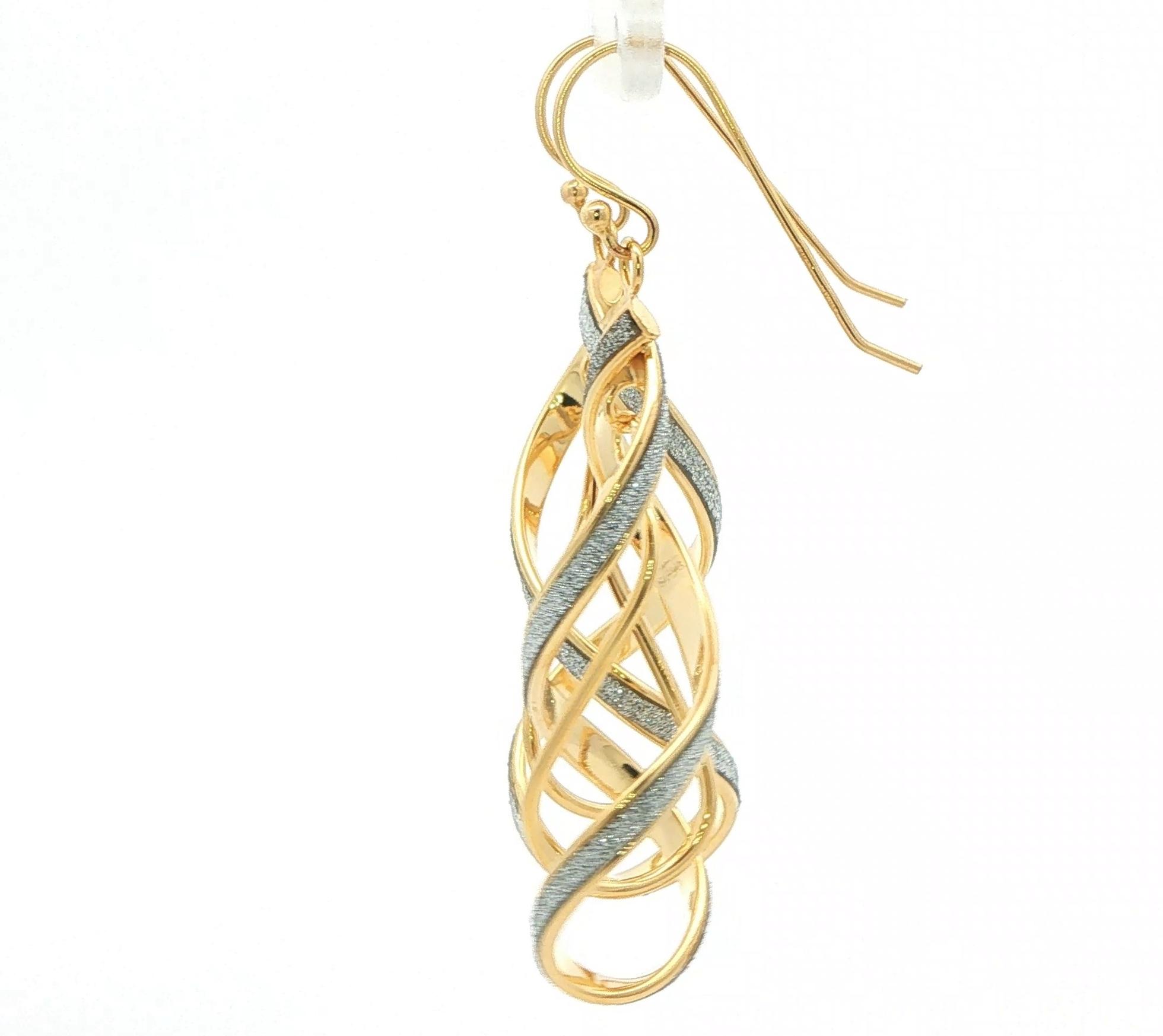 Twisted Ribbon Dangle Earrings with Sparkle Finish in Yellow Gold with Rhodium Plating  side