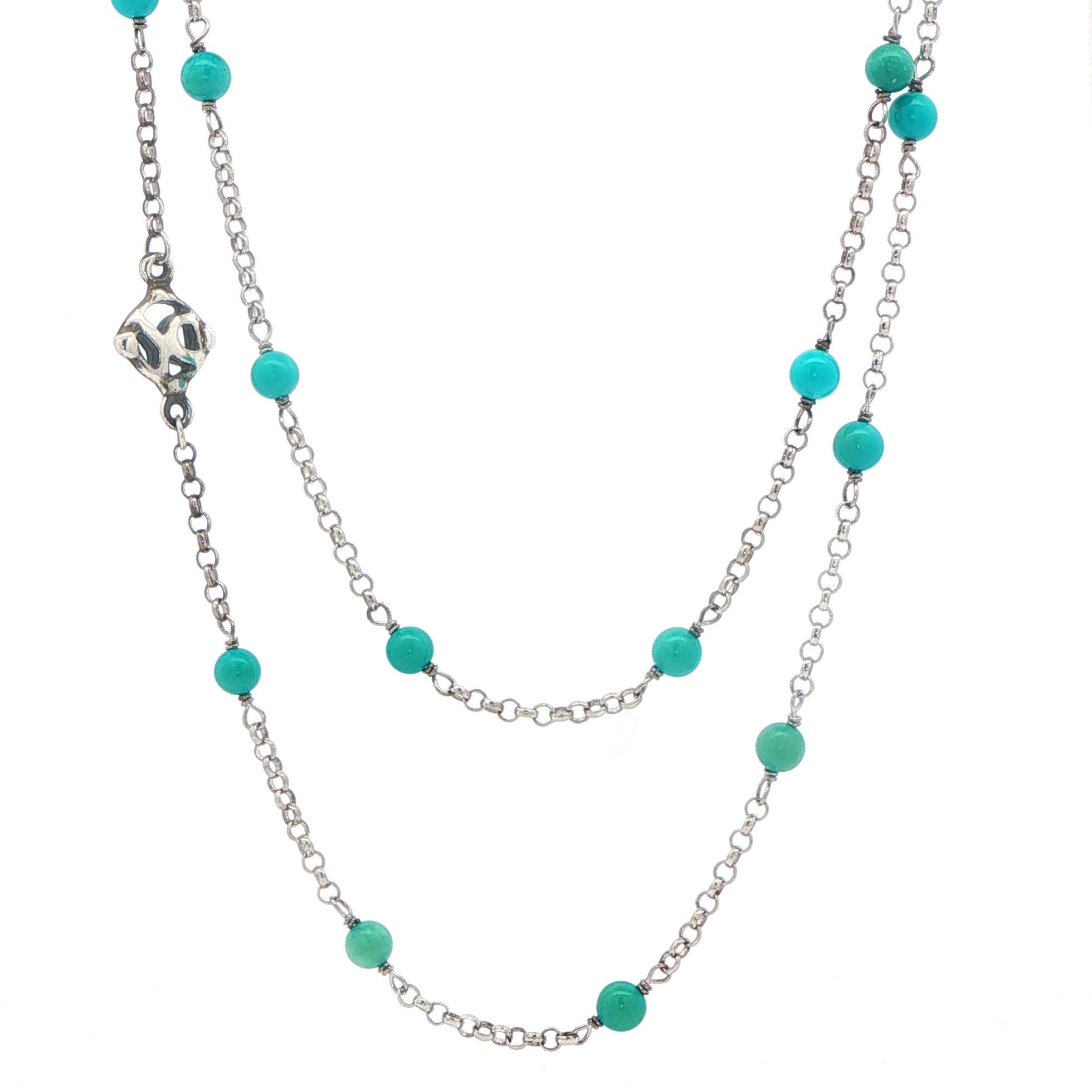 Estate Piece: David Yurman Long Turquoise Bead Station Chain Necklace in Sterling Silver