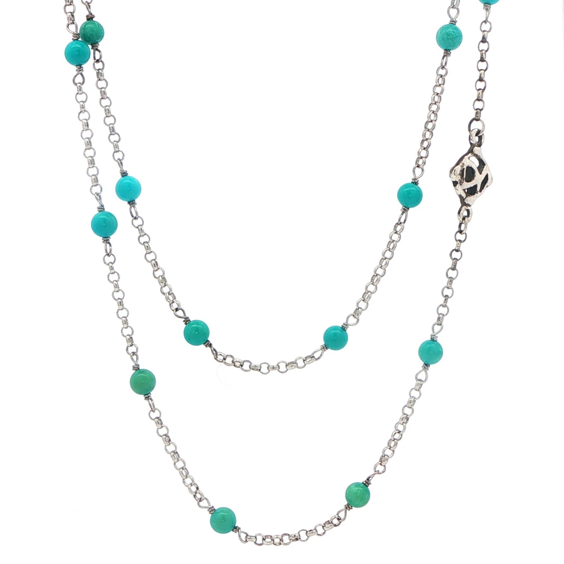 Estate Piece: David Yurman Long Turquoise Bead Station Chain Necklace in Sterling Silver back