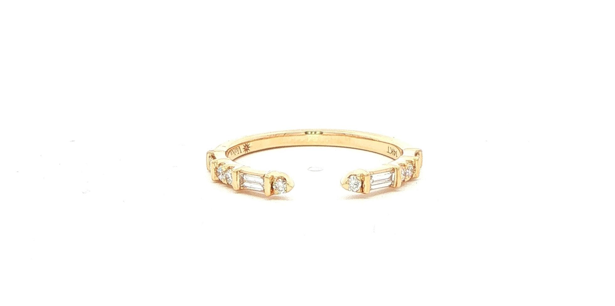 Baguette and Round Open Cuff Diamond Stackable Ring in Yellow Gold (0.25cts TWT)