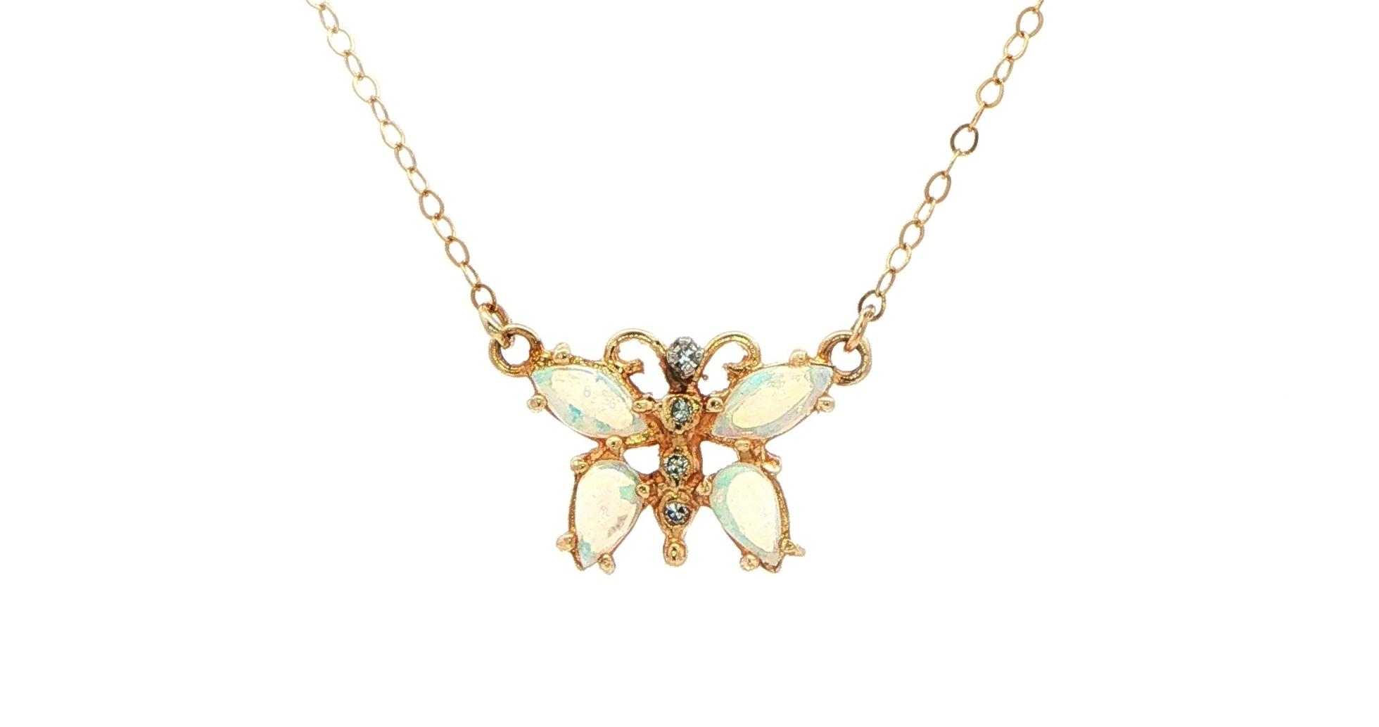 Estate Piece: Opal Butterfly Pendant Necklace with Diamond Accents in Yellow Gold (0.05cts TWT)