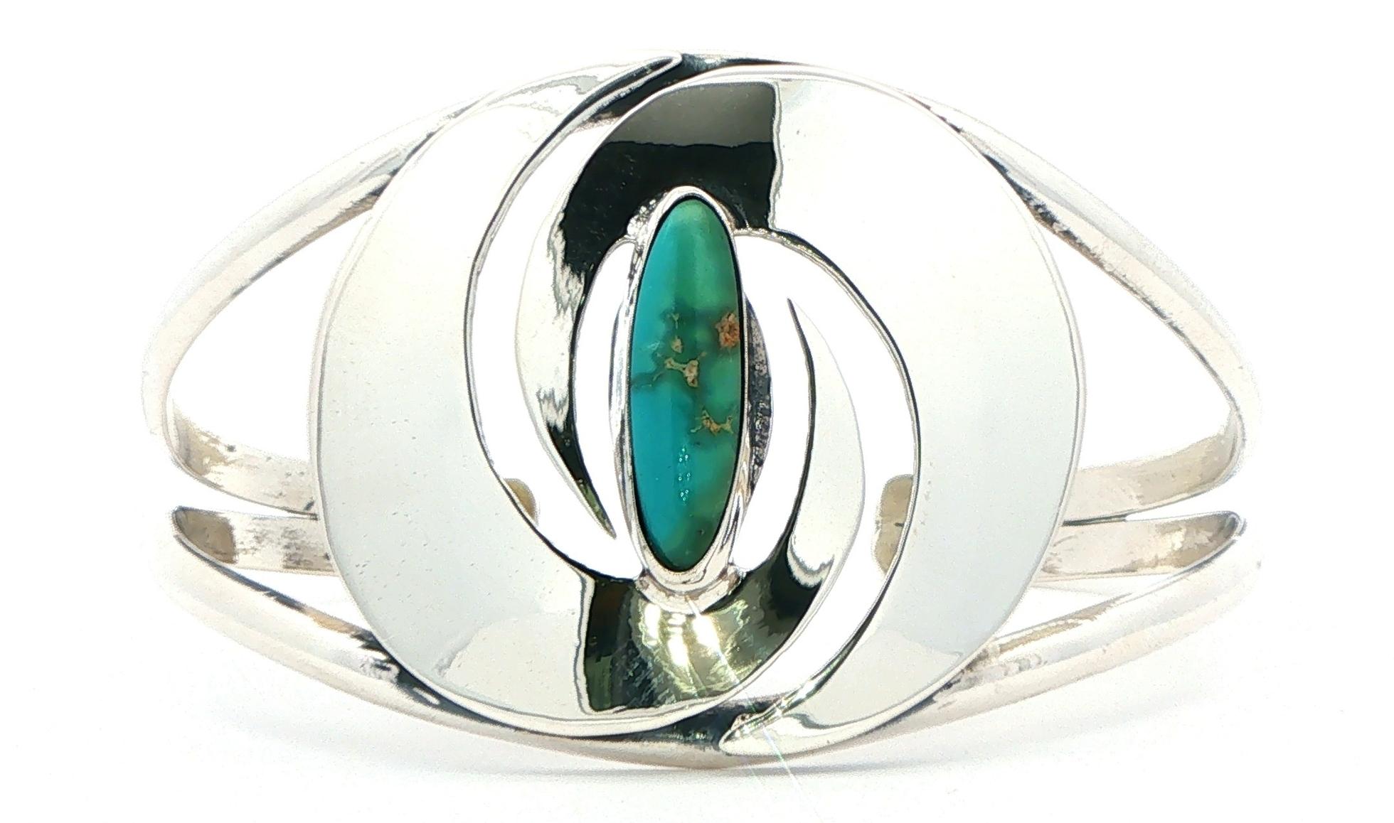 Estate Piece: Swirl Turquoise Cabochon Cuff Bangle in Sterling Silver 