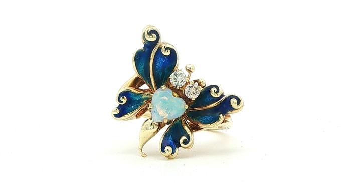 content/products/Estate Piece: Opal and Blue Enamel Butterfly Cocktail Ring in Yellow Gold (0.16cts TWT)