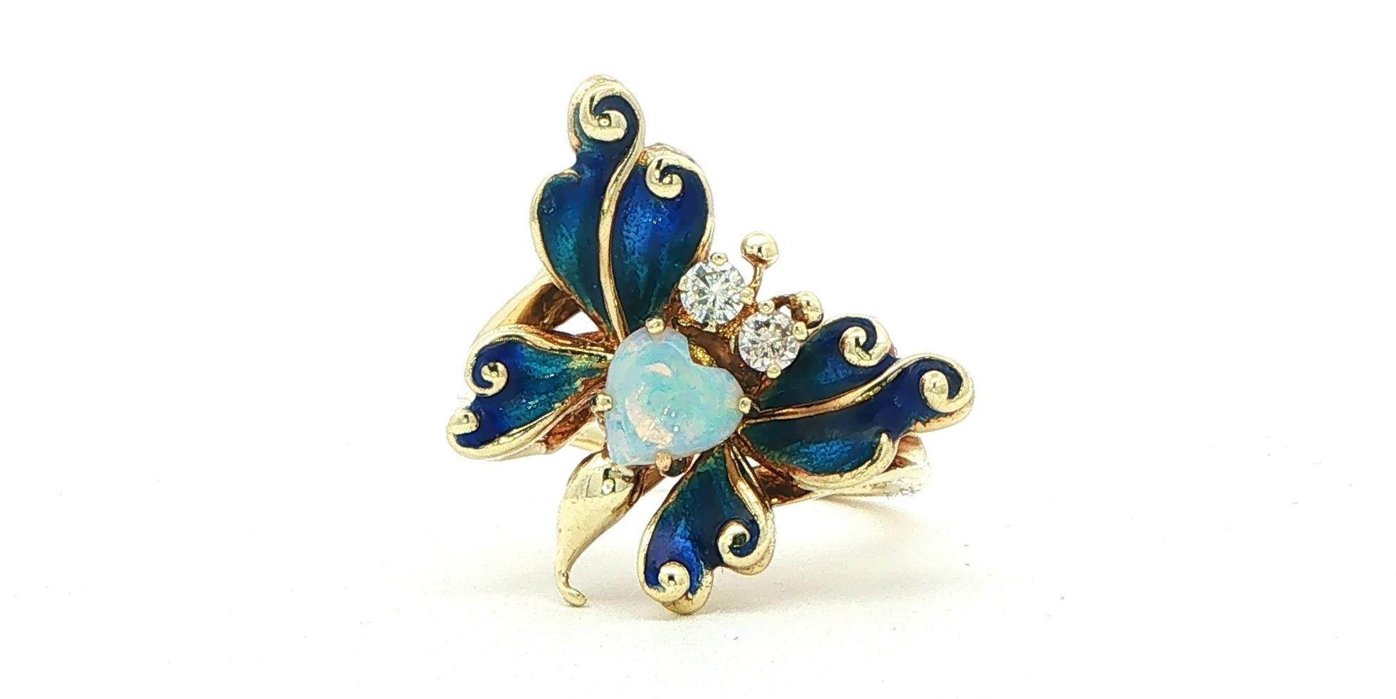 Estate Piece: Opal and Blue Enamel Butterfly Cocktail Ring in Yellow Gold (0.16cts TWT)