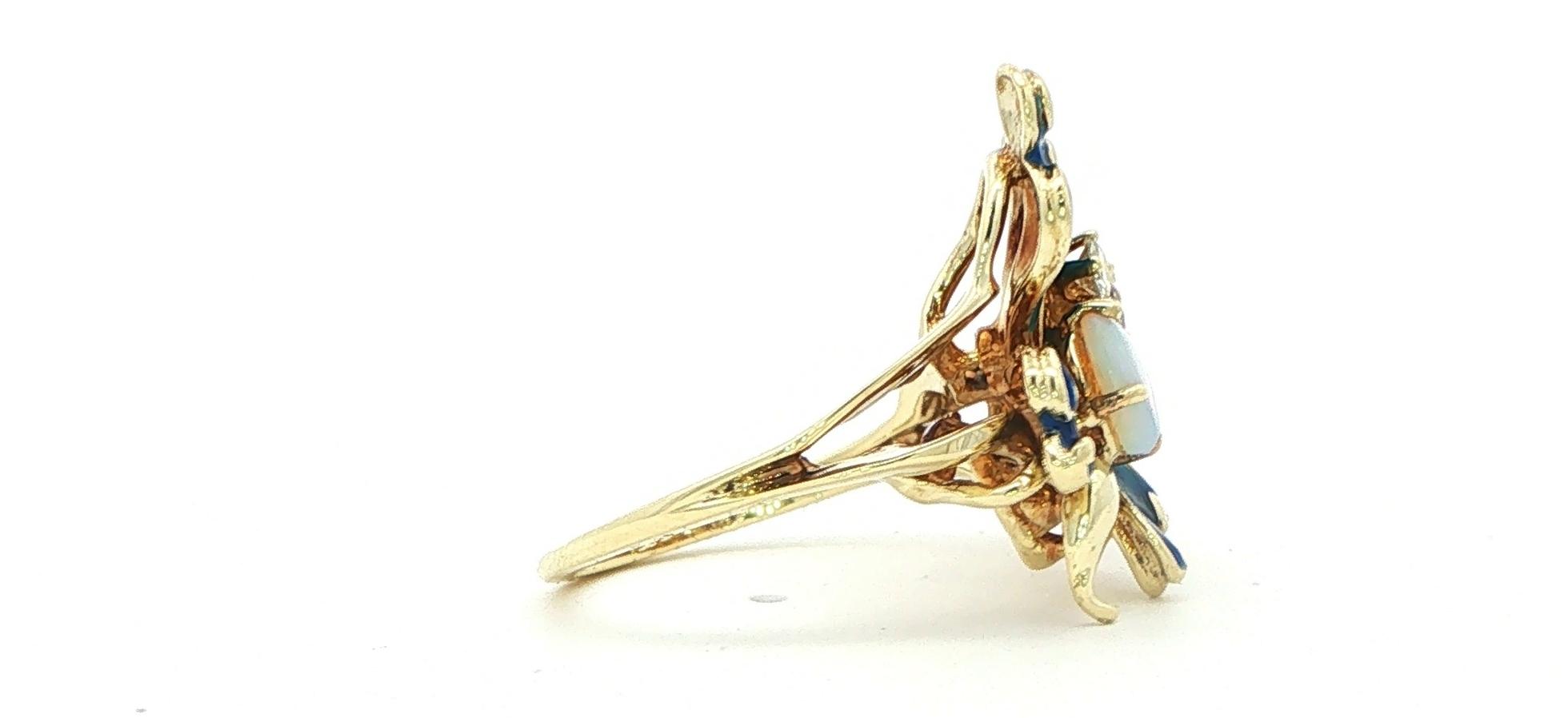 Estate Piece: Opal and Blue Enamel Butterfly Cocktail Ring in Yellow Gold (0.16cts TWT) side
