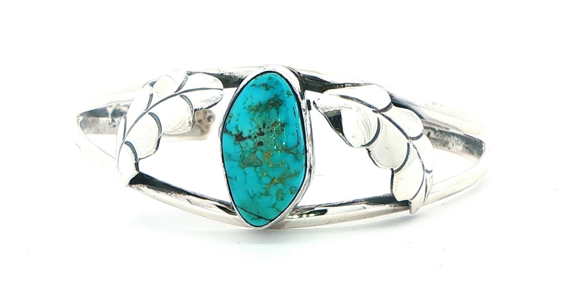 Estate Piece: Turquoise and Leaf Motif Cuff Bracelet in Sterling Silver 