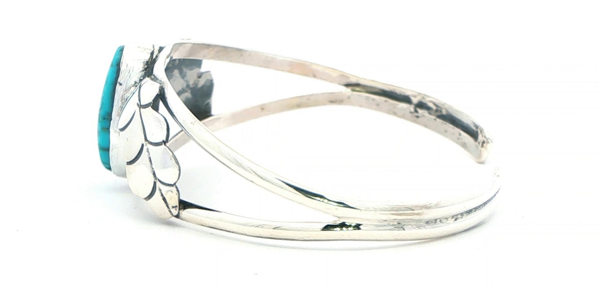 Estate Piece: Turquoise and Leaf Motif Cuff Bracelet in Sterling Silver  side