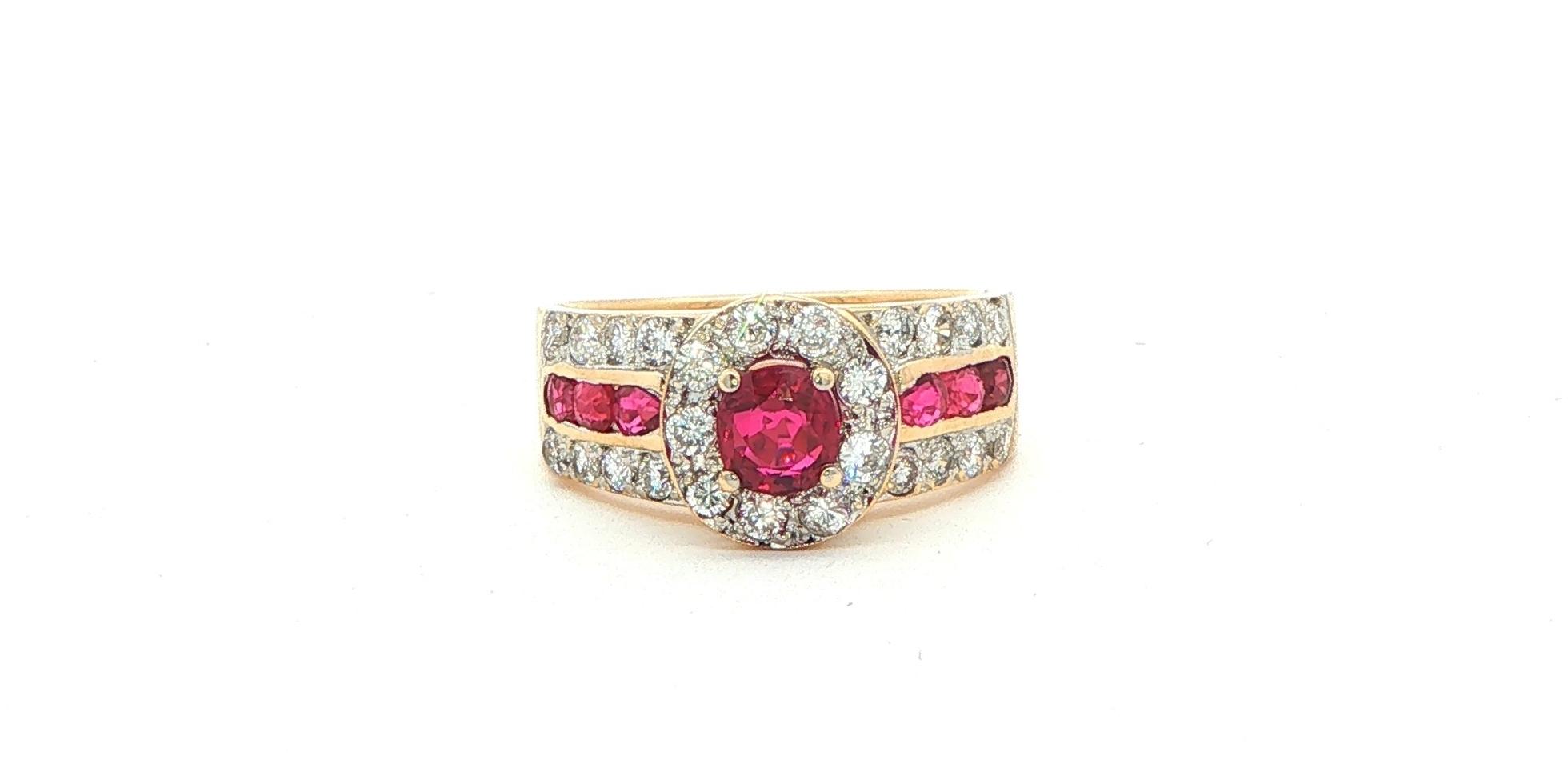 Estate Piece: Ruby and Diamond Halo 3-Row Cocktail Ring in Yellow Gold (1.15cts TWT)