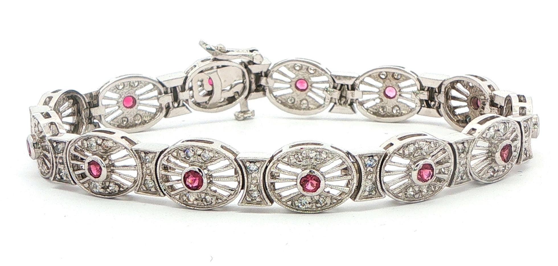 Estate Piece: Vintage-Inspired Pink Sapphire and Diamond Openwork Link Bracelet in White Gold (0.75cts TWT)