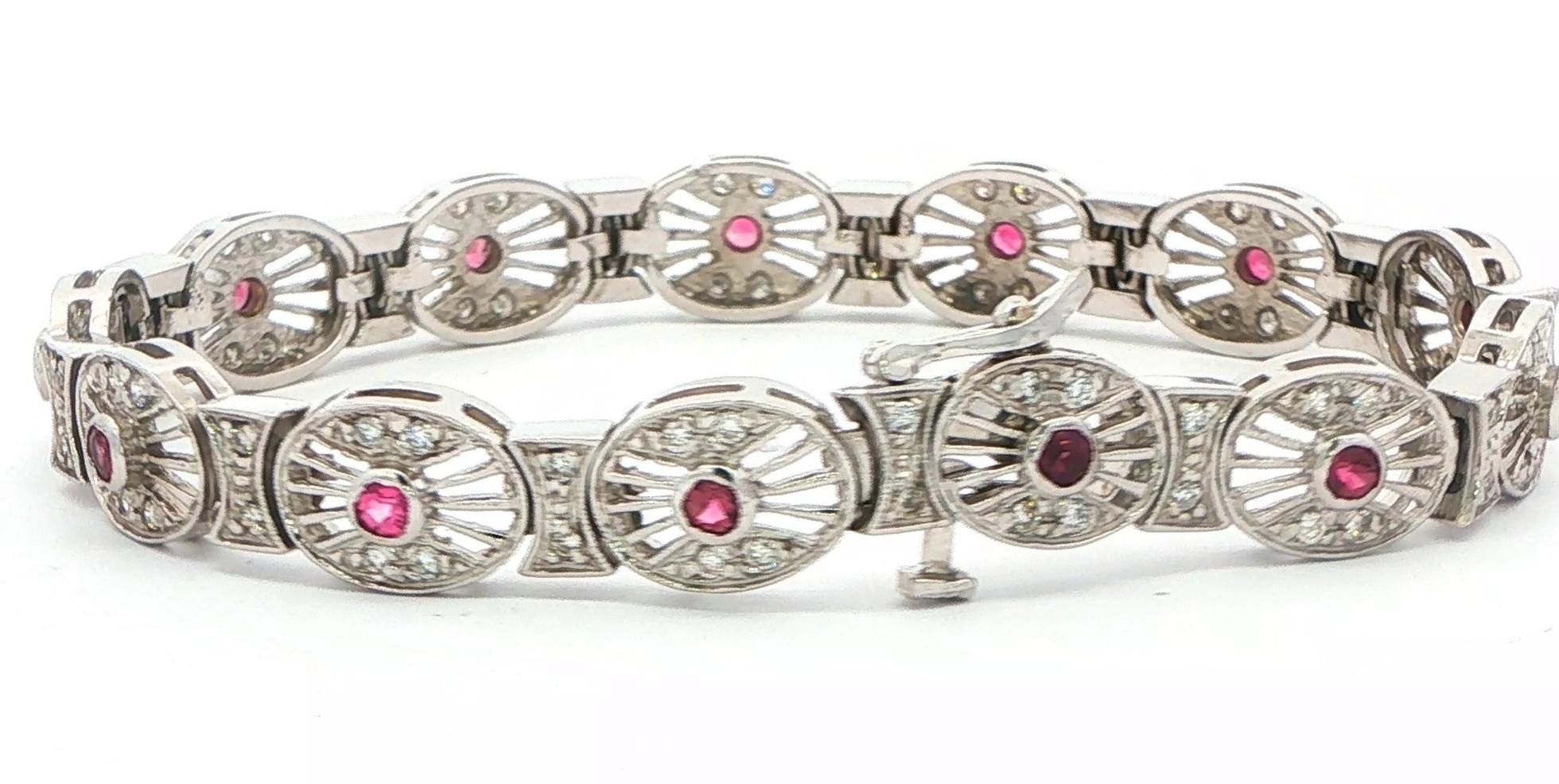 Estate Piece: Vintage-Inspired Pink Sapphire and Diamond Openwork Link Bracelet in White Gold (0.75cts TWT) back