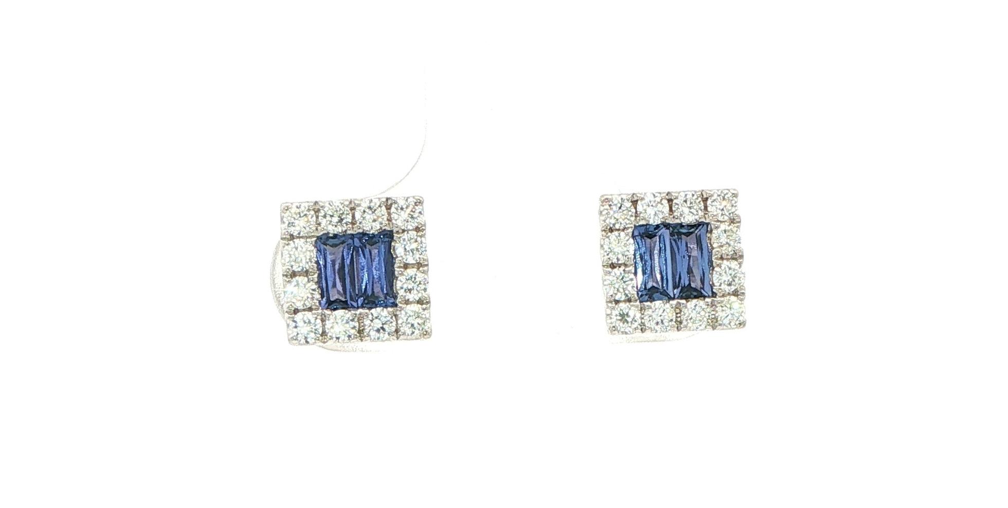 Double Baguette Montana Yogo Sapphire and Diamond Halo Stud Earrings in White Gold (0.94cts TWT)