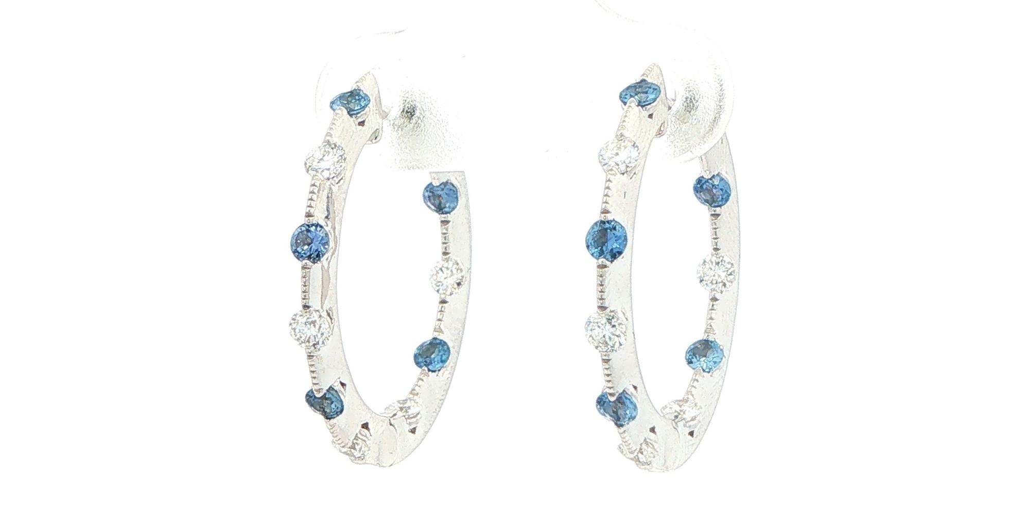 Montana Yogo Sapphire and Diamond Alternating Hoop Earrings with Milgrain in White Gold (1.00cts TWT) angled