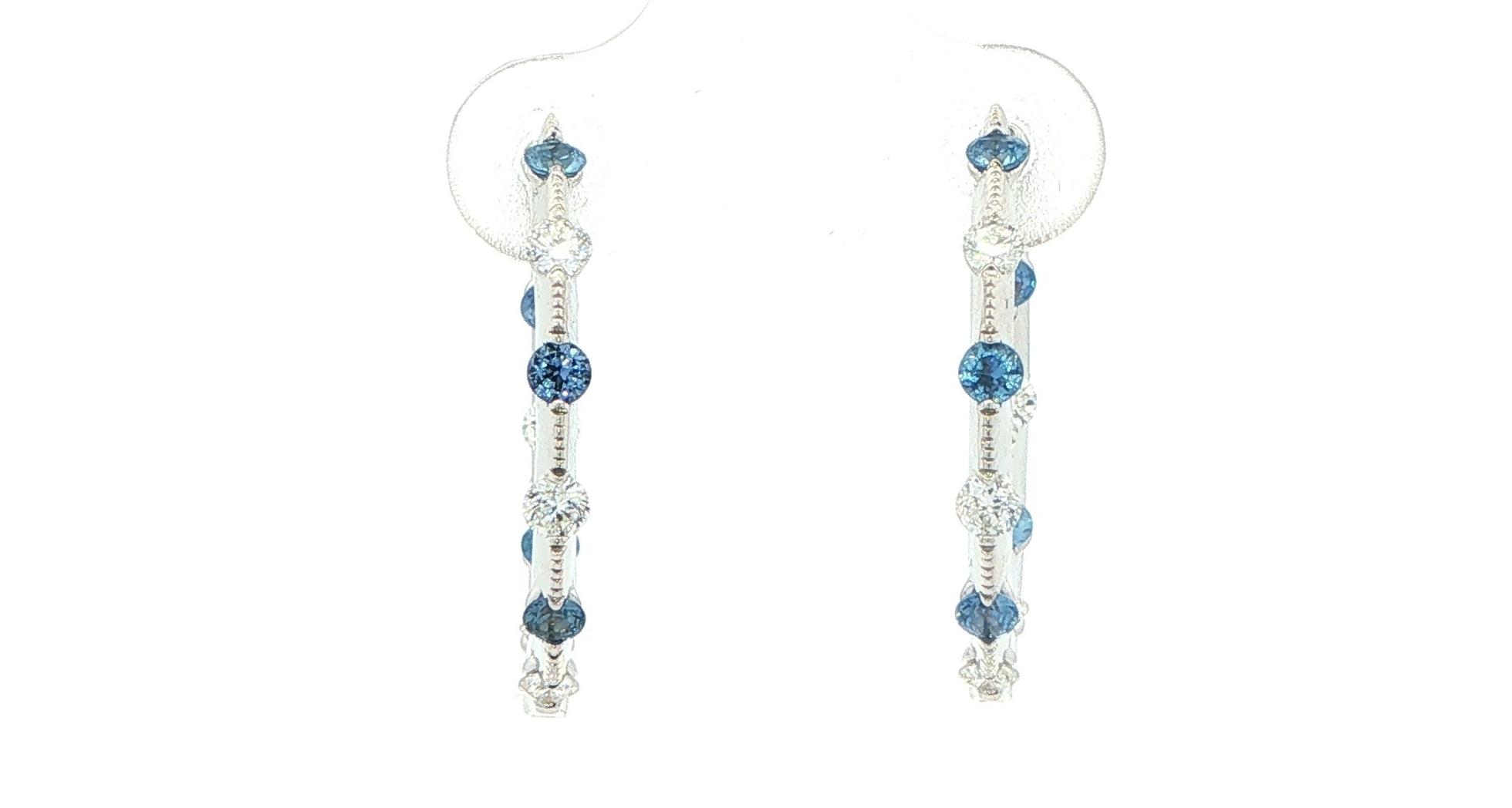 Montana Yogo Sapphire and Diamond Alternating Hoop Earrings with Milgrain in White Gold (1.00cts TWT)