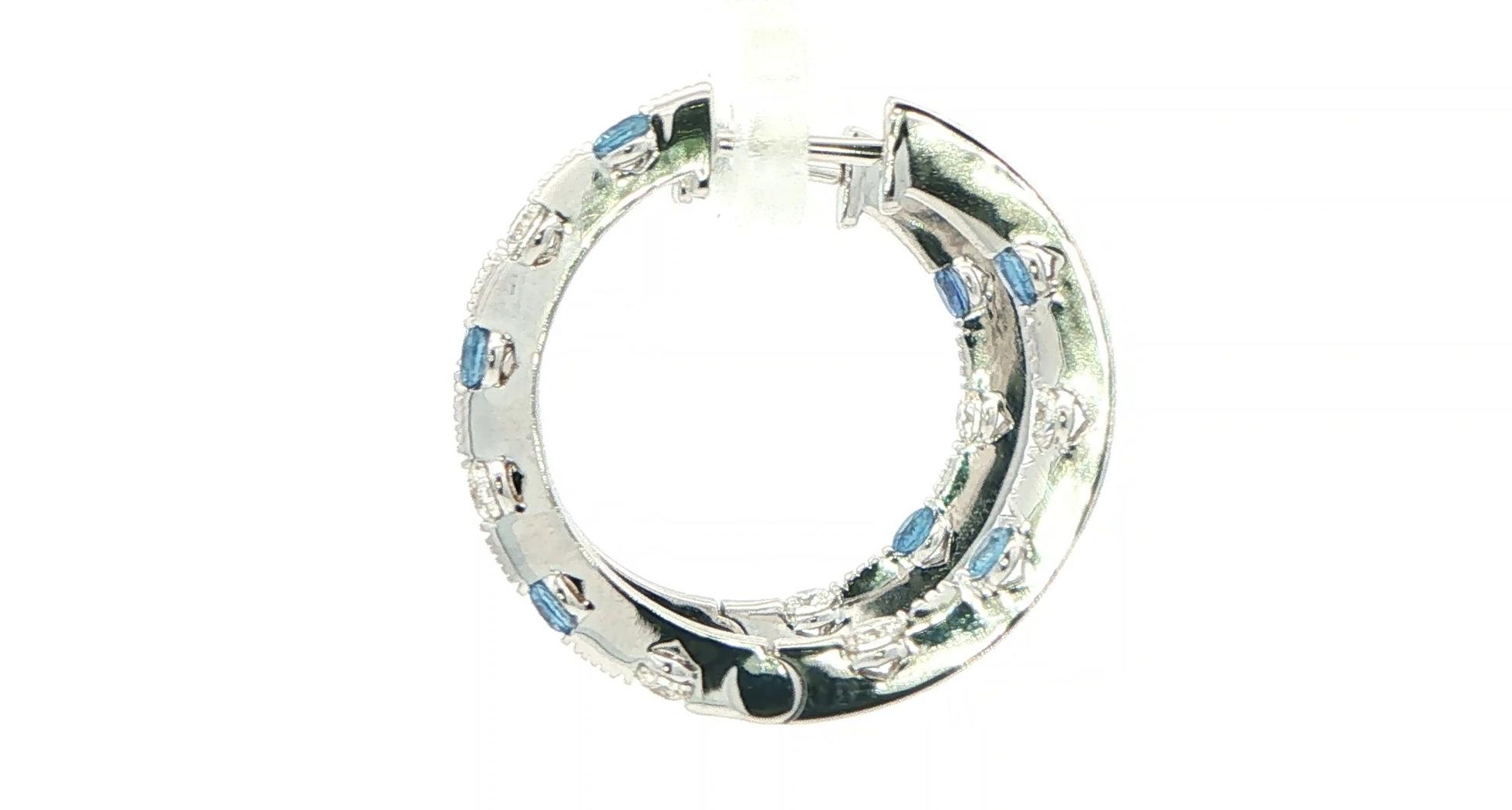 Montana Yogo Sapphire and Diamond Alternating Hoop Earrings with Milgrain in White Gold (1.00cts TWT) side
