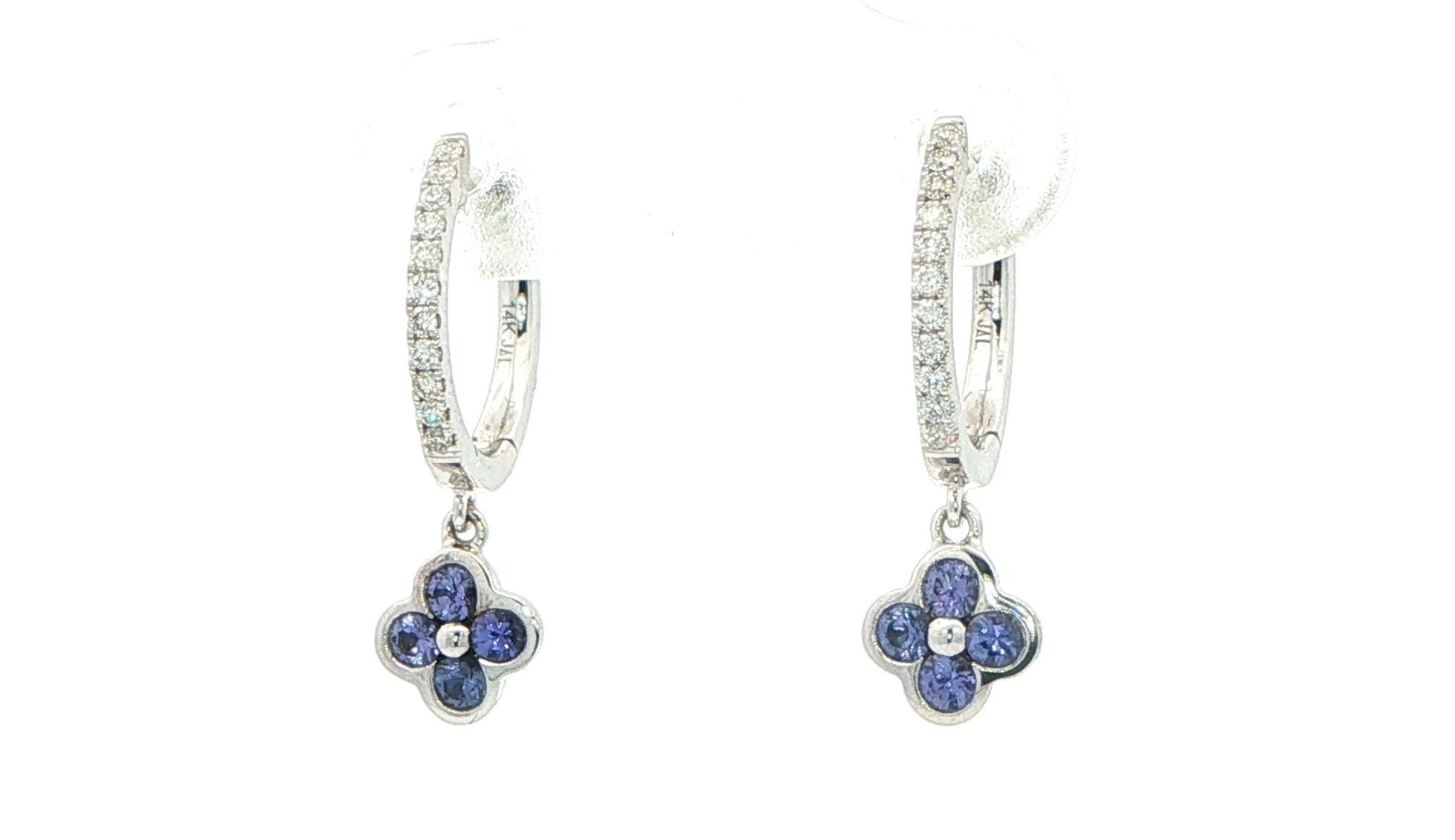 4-Stone Huckleberry Sapphire Floral Cluster and Diamond Drop Earrings in White Gold (0.48cts TWT)