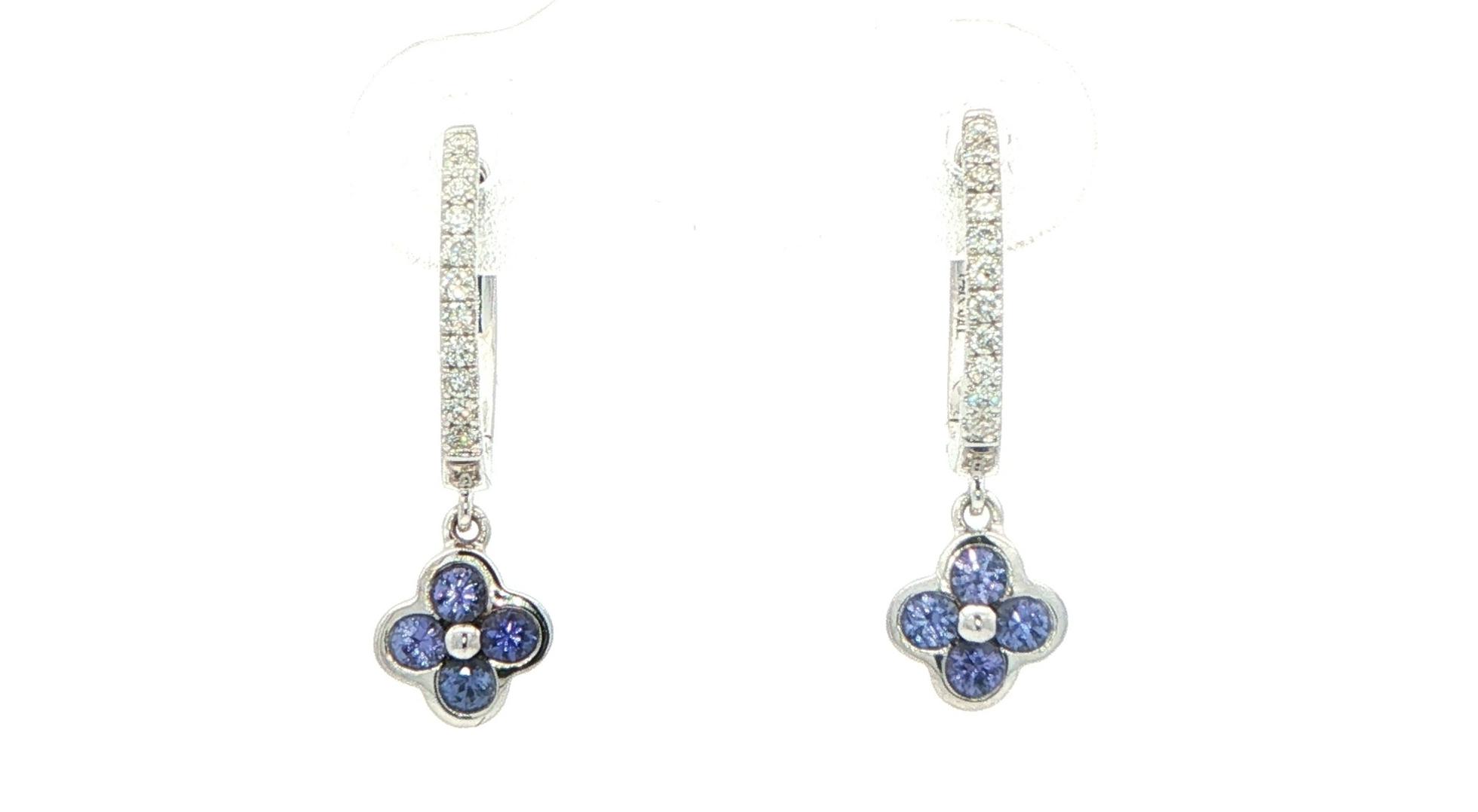 4-Stone Huckleberry Sapphire Floral Cluster and Diamond Drop Earrings in White Gold (0.48cts TWT) straight