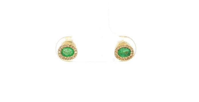 content/products/Oval Emerald and Diamond Halo Stud Earrings in Yellow Gold (0.40cts TWT)
