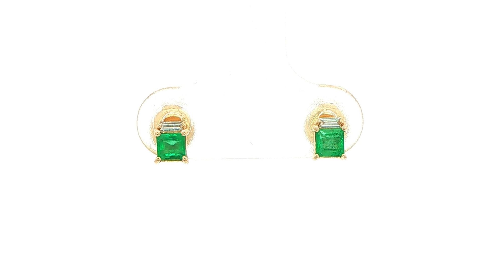 Square-Cut Emerald and Diamond Accent Stud Earrings in Yellow Gold (0.38cts TWT)